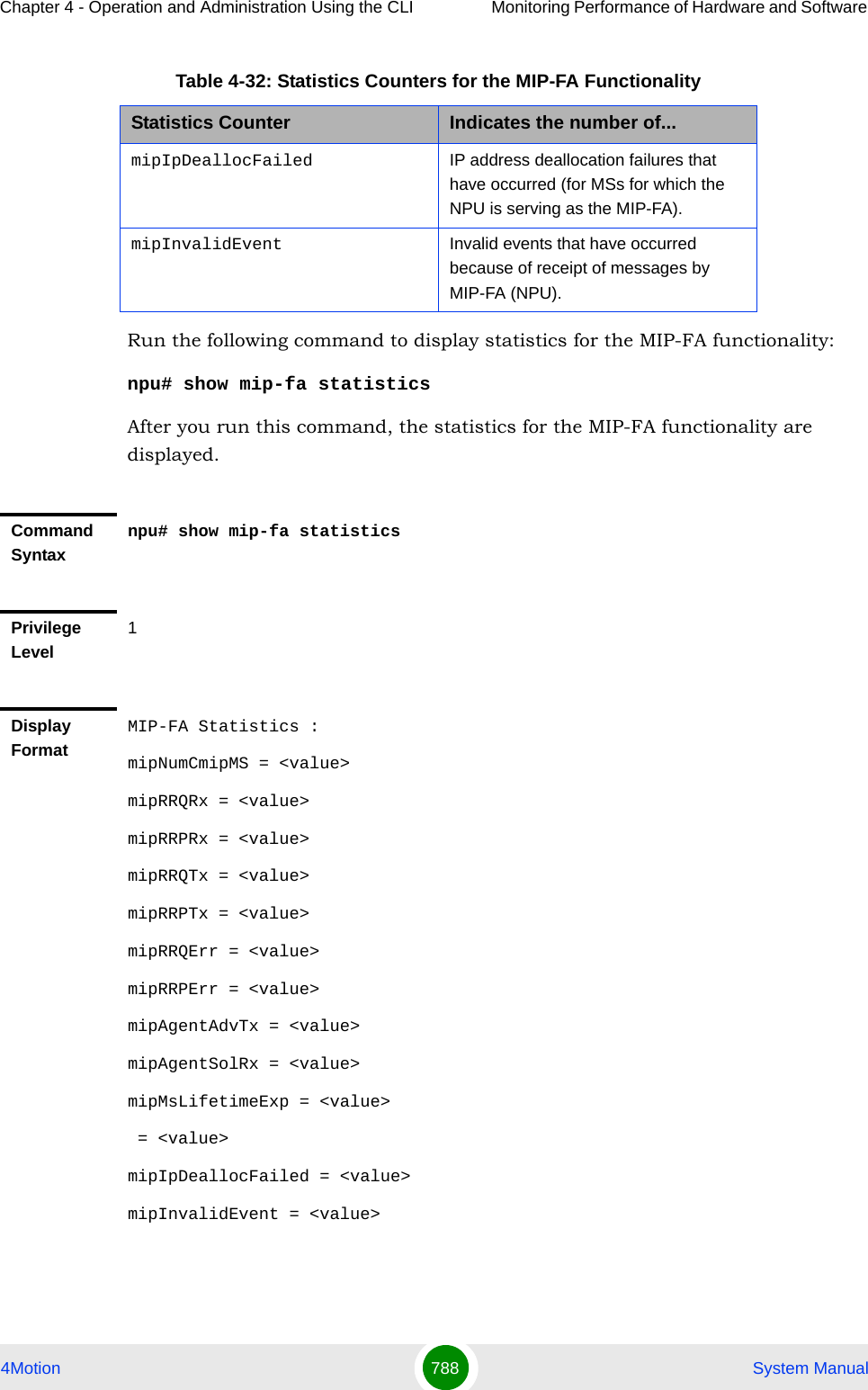 Chapter 4 - Operation and Administration Using the CLI Monitoring Performance of Hardware and Software 4Motion 788  System ManualRun the following command to display statistics for the MIP-FA functionality:npu# show mip-fa statisticsAfter you run this command, the statistics for the MIP-FA functionality are displayed.mipIpDeallocFailed IP address deallocation failures that have occurred (for MSs for which the NPU is serving as the MIP-FA).mipInvalidEvent Invalid events that have occurred because of receipt of messages by MIP-FA (NPU).Command Syntaxnpu# show mip-fa statisticsPrivilege Level1Display FormatMIP-FA Statistics :mipNumCmipMS = &lt;value&gt;mipRRQRx = &lt;value&gt;mipRRPRx = &lt;value&gt;mipRRQTx = &lt;value&gt;mipRRPTx = &lt;value&gt;mipRRQErr = &lt;value&gt;mipRRPErr = &lt;value&gt;mipAgentAdvTx = &lt;value&gt;mipAgentSolRx = &lt;value&gt;mipMsLifetimeExp = &lt;value&gt; = &lt;value&gt;mipIpDeallocFailed = &lt;value&gt;mipInvalidEvent = &lt;value&gt;Table 4-32: Statistics Counters for the MIP-FA FunctionalityStatistics Counter Indicates the number of...