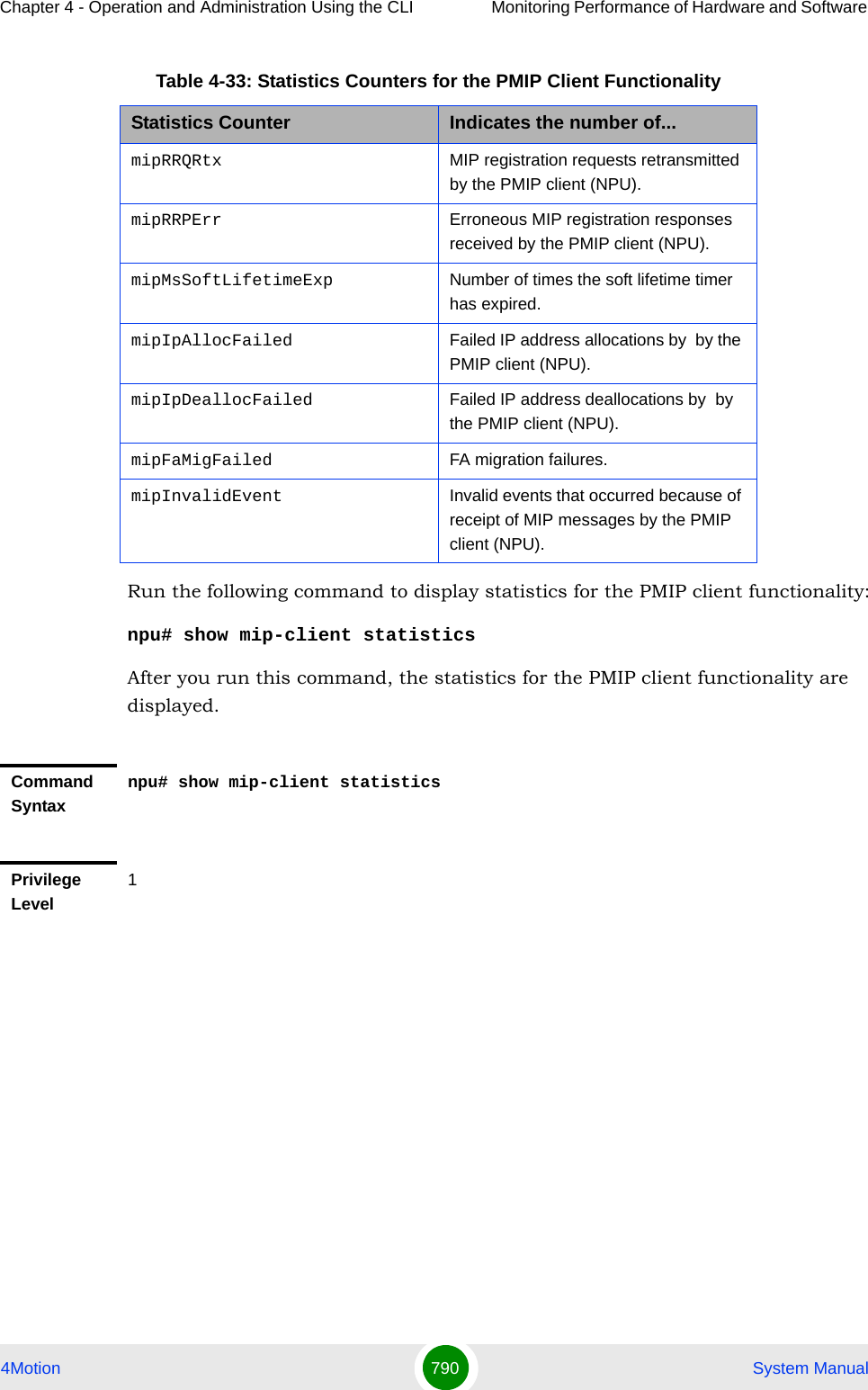 Chapter 4 - Operation and Administration Using the CLI Monitoring Performance of Hardware and Software 4Motion 790  System ManualRun the following command to display statistics for the PMIP client functionality:npu# show mip-client statisticsAfter you run this command, the statistics for the PMIP client functionality are displayed.mipRRQRtx MIP registration requests retransmitted by the PMIP client (NPU).mipRRPErr Erroneous MIP registration responses received by the PMIP client (NPU).mipMsSoftLifetimeExp Number of times the soft lifetime timer has expired. mipIpAllocFailed Failed IP address allocations by  by the PMIP client (NPU).mipIpDeallocFailed Failed IP address deallocations by  by the PMIP client (NPU).mipFaMigFailed FA migration failures.mipInvalidEvent Invalid events that occurred because of receipt of MIP messages by the PMIP client (NPU).Command Syntaxnpu# show mip-client statisticsPrivilege Level1Table 4-33: Statistics Counters for the PMIP Client FunctionalityStatistics Counter Indicates the number of...