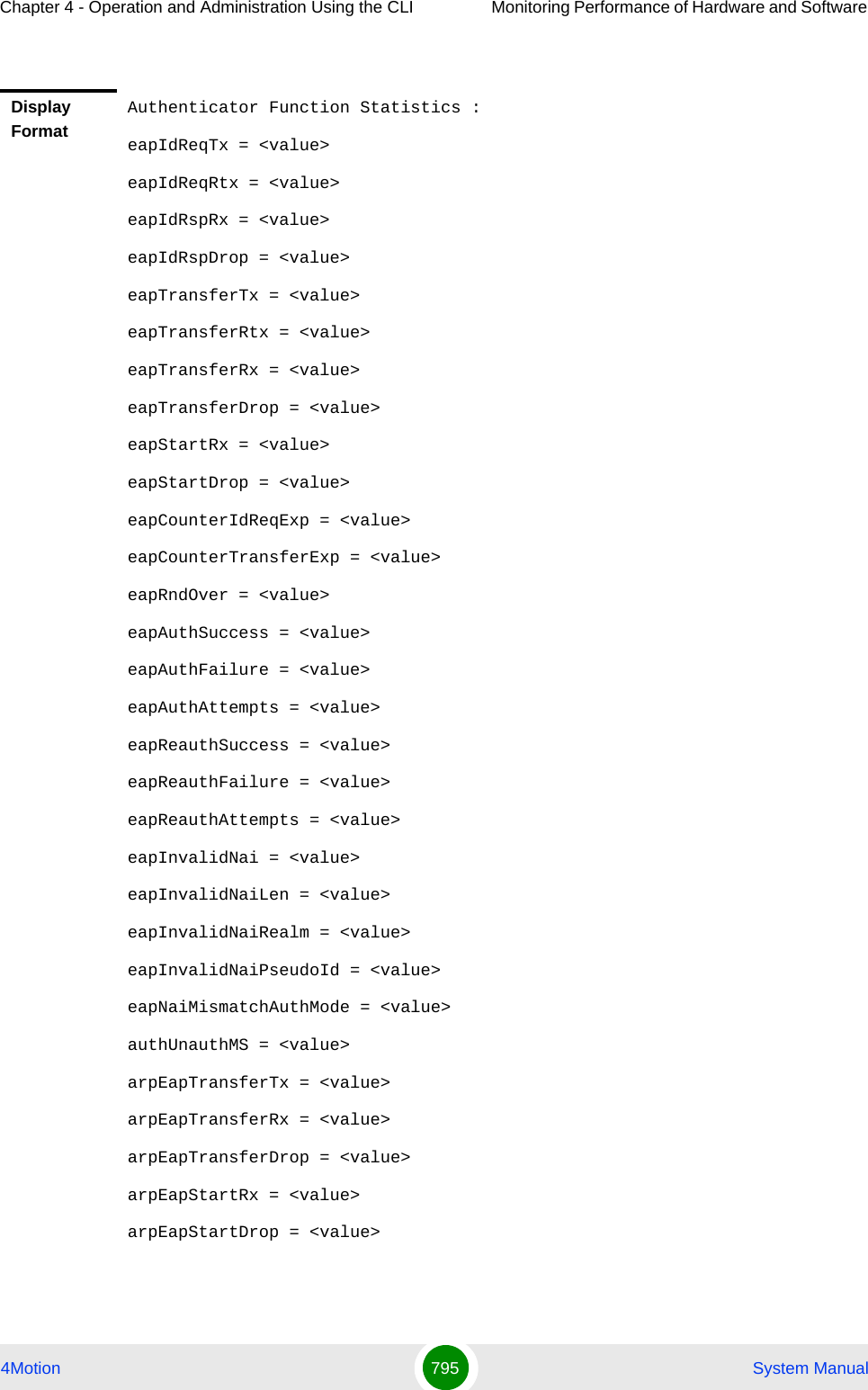 Chapter 4 - Operation and Administration Using the CLI Monitoring Performance of Hardware and Software 4Motion 795  System ManualDisplay FormatAuthenticator Function Statistics :eapIdReqTx = &lt;value&gt;eapIdReqRtx = &lt;value&gt;eapIdRspRx = &lt;value&gt;eapIdRspDrop = &lt;value&gt;eapTransferTx = &lt;value&gt;eapTransferRtx = &lt;value&gt;eapTransferRx = &lt;value&gt;eapTransferDrop = &lt;value&gt;eapStartRx = &lt;value&gt;eapStartDrop = &lt;value&gt;eapCounterIdReqExp = &lt;value&gt;eapCounterTransferExp = &lt;value&gt;eapRndOver = &lt;value&gt;eapAuthSuccess = &lt;value&gt;eapAuthFailure = &lt;value&gt;eapAuthAttempts = &lt;value&gt;eapReauthSuccess = &lt;value&gt;eapReauthFailure = &lt;value&gt;eapReauthAttempts = &lt;value&gt;eapInvalidNai = &lt;value&gt;eapInvalidNaiLen = &lt;value&gt;eapInvalidNaiRealm = &lt;value&gt;eapInvalidNaiPseudoId = &lt;value&gt;eapNaiMismatchAuthMode = &lt;value&gt;authUnauthMS = &lt;value&gt;arpEapTransferTx = &lt;value&gt;arpEapTransferRx = &lt;value&gt;arpEapTransferDrop = &lt;value&gt;arpEapStartRx = &lt;value&gt;arpEapStartDrop = &lt;value&gt;