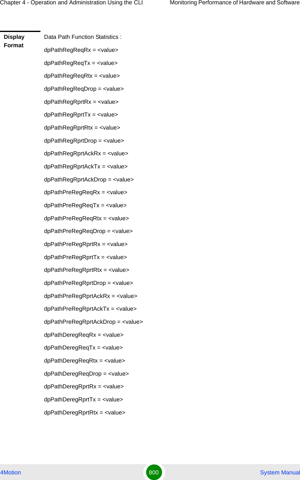 Chapter 4 - Operation and Administration Using the CLI Monitoring Performance of Hardware and Software 4Motion 800  System ManualDisplay FormatData Path Function Statistics :dpPathRegReqRx = &lt;value&gt;dpPathRegReqTx = &lt;value&gt;dpPathRegReqRtx = &lt;value&gt;dpPathRegReqDrop = &lt;value&gt;dpPathRegRprtRx = &lt;value&gt;dpPathRegRprtTx = &lt;value&gt;dpPathRegRprtRtx = &lt;value&gt;dpPathRegRprtDrop = &lt;value&gt;dpPathRegRprtAckRx = &lt;value&gt;dpPathRegRprtAckTx = &lt;value&gt;dpPathRegRprtAckDrop = &lt;value&gt;dpPathPreRegReqRx = &lt;value&gt;dpPathPreRegReqTx = &lt;value&gt;dpPathPreRegReqRtx = &lt;value&gt;dpPathPreRegReqDrop = &lt;value&gt;dpPathPreRegRprtRx = &lt;value&gt;dpPathPreRegRprtTx = &lt;value&gt;dpPathPreRegRprtRtx = &lt;value&gt;dpPathPreRegRprtDrop = &lt;value&gt;dpPathPreRegRprtAckRx = &lt;value&gt;dpPathPreRegRprtAckTx = &lt;value&gt;dpPathPreRegRprtAckDrop = &lt;value&gt;dpPathDeregReqRx = &lt;value&gt;dpPathDeregReqTx = &lt;value&gt;dpPathDeregReqRtx = &lt;value&gt;dpPathDeregReqDrop = &lt;value&gt;dpPathDeregRprtRx = &lt;value&gt;dpPathDeregRprtTx = &lt;value&gt;dpPathDeregRprtRtx = &lt;value&gt;