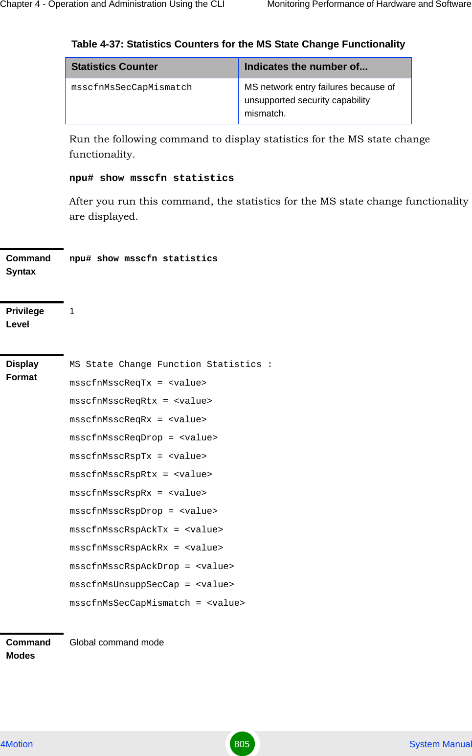 Chapter 4 - Operation and Administration Using the CLI Monitoring Performance of Hardware and Software 4Motion 805  System ManualRun the following command to display statistics for the MS state change functionality.npu# show msscfn statisticsAfter you run this command, the statistics for the MS state change functionality are displayed.msscfnMsSecCapMismatch MS network entry failures because of unsupported security capability mismatch.Command Syntaxnpu# show msscfn statisticsPrivilege Level1Display FormatMS State Change Function Statistics :msscfnMsscReqTx = &lt;value&gt;msscfnMsscReqRtx = &lt;value&gt;msscfnMsscReqRx = &lt;value&gt;msscfnMsscReqDrop = &lt;value&gt;msscfnMsscRspTx = &lt;value&gt;msscfnMsscRspRtx = &lt;value&gt;msscfnMsscRspRx = &lt;value&gt;msscfnMsscRspDrop = &lt;value&gt;msscfnMsscRspAckTx = &lt;value&gt;msscfnMsscRspAckRx = &lt;value&gt;msscfnMsscRspAckDrop = &lt;value&gt;msscfnMsUnsuppSecCap = &lt;value&gt;msscfnMsSecCapMismatch = &lt;value&gt; Command ModesGlobal command modeTable 4-37: Statistics Counters for the MS State Change FunctionalityStatistics Counter Indicates the number of...
