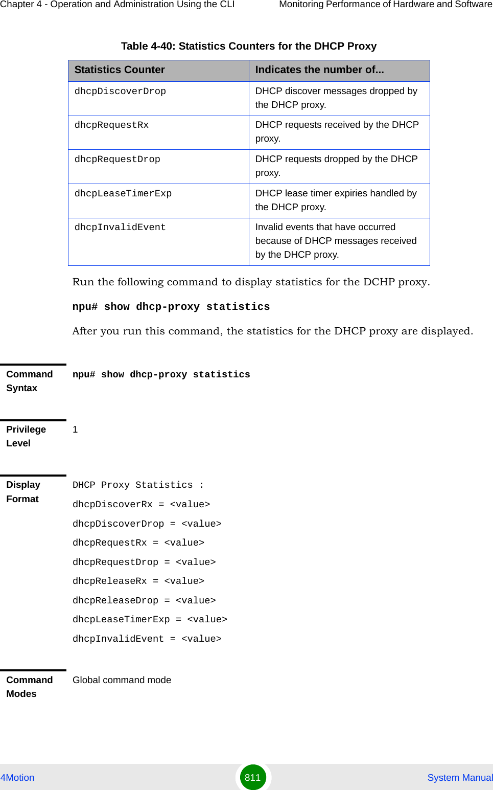 Chapter 4 - Operation and Administration Using the CLI Monitoring Performance of Hardware and Software 4Motion 811  System ManualRun the following command to display statistics for the DCHP proxy.npu# show dhcp-proxy statisticsAfter you run this command, the statistics for the DHCP proxy are displayed.dhcpDiscoverDrop DHCP discover messages dropped by the DHCP proxy.dhcpRequestRx DHCP requests received by the DHCP proxy.dhcpRequestDrop DHCP requests dropped by the DHCP proxy.dhcpLeaseTimerExp DHCP lease timer expiries handled by the DHCP proxy.dhcpInvalidEvent Invalid events that have occurred because of DHCP messages received by the DHCP proxy.Command Syntaxnpu# show dhcp-proxy statisticsPrivilege Level1Display FormatDHCP Proxy Statistics :dhcpDiscoverRx = &lt;value&gt;dhcpDiscoverDrop = &lt;value&gt;dhcpRequestRx = &lt;value&gt;dhcpRequestDrop = &lt;value&gt;dhcpReleaseRx = &lt;value&gt;dhcpReleaseDrop = &lt;value&gt;dhcpLeaseTimerExp = &lt;value&gt;dhcpInvalidEvent = &lt;value&gt;Command ModesGlobal command modeTable 4-40: Statistics Counters for the DHCP ProxyStatistics Counter Indicates the number of...