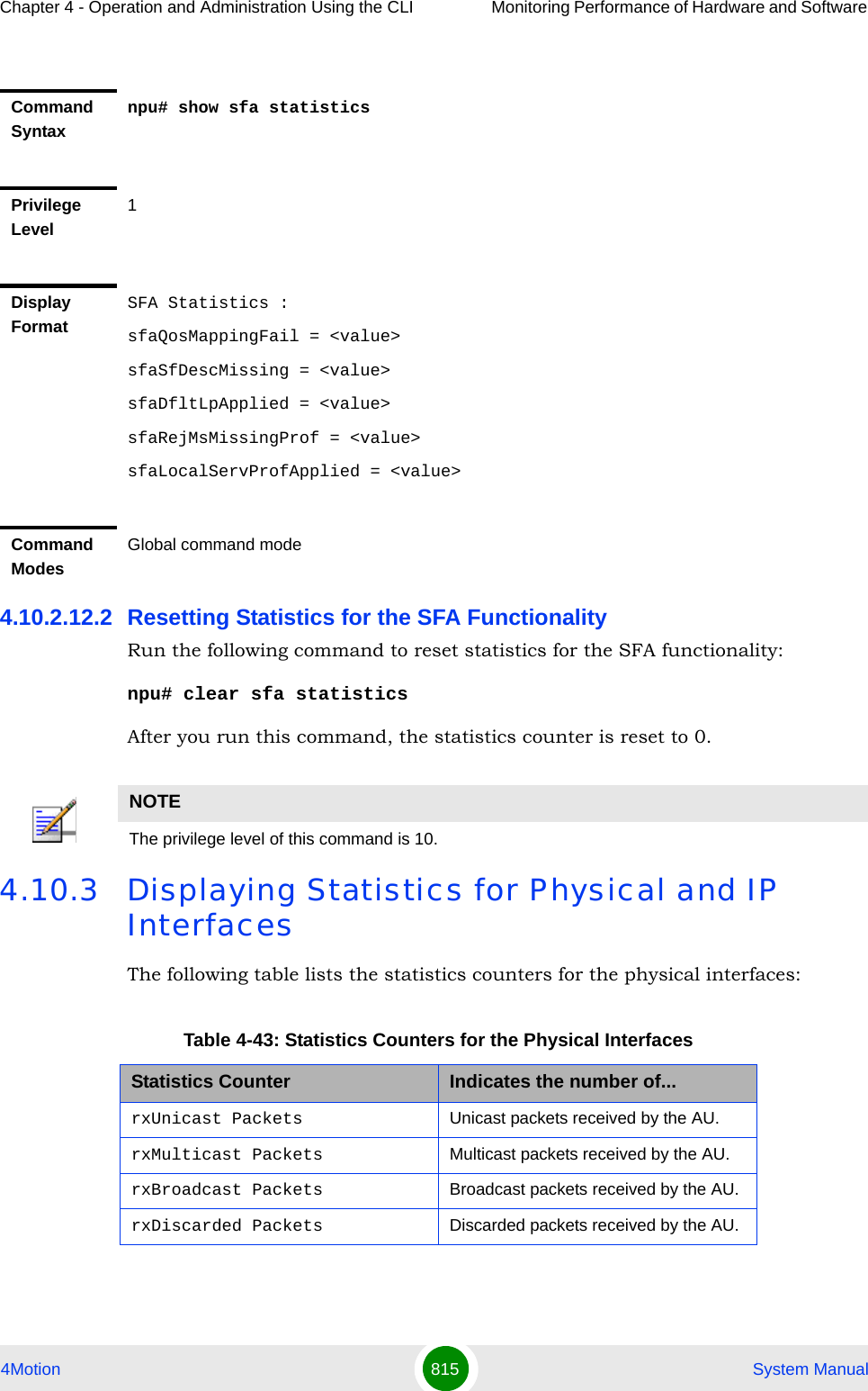 Chapter 4 - Operation and Administration Using the CLI Monitoring Performance of Hardware and Software 4Motion 815  System Manual4.10.2.12.2 Resetting Statistics for the SFA FunctionalityRun the following command to reset statistics for the SFA functionality:npu# clear sfa statisticsAfter you run this command, the statistics counter is reset to 0.4.10.3 Displaying Statistics for Physical and IP InterfacesThe following table lists the statistics counters for the physical interfaces:Command Syntaxnpu# show sfa statisticsPrivilege Level1Display FormatSFA Statistics :sfaQosMappingFail = &lt;value&gt;sfaSfDescMissing = &lt;value&gt;sfaDfltLpApplied = &lt;value&gt;sfaRejMsMissingProf = &lt;value&gt;sfaLocalServProfApplied = &lt;value&gt;Command ModesGlobal command modeNOTEThe privilege level of this command is 10.Table 4-43: Statistics Counters for the Physical InterfacesStatistics Counter Indicates the number of...rxUnicast Packets Unicast packets received by the AU.rxMulticast Packets  Multicast packets received by the AU.rxBroadcast Packets  Broadcast packets received by the AU.rxDiscarded Packets Discarded packets received by the AU.