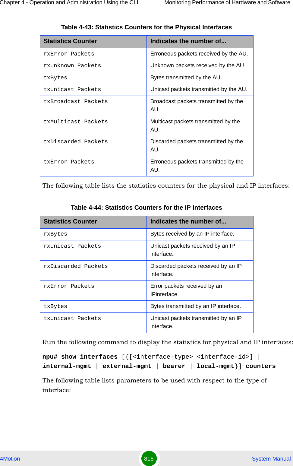 Chapter 4 - Operation and Administration Using the CLI Monitoring Performance of Hardware and Software 4Motion 816  System ManualThe following table lists the statistics counters for the physical and IP interfaces:Run the following command to display the statistics for physical and IP interfaces:npu# show interfaces [{[&lt;interface-type&gt; &lt;interface-id&gt;] | internal-mgmt | external-mgmt | bearer | local-mgmt}] countersThe following table lists parameters to be used with respect to the type of interface:rxError Packets Erroneous packets received by the AU.rxUnknown Packets Unknown packets received by the AU.txBytes  Bytes transmitted by the AU.txUnicast Packets Unicast packets transmitted by the AU.txBroadcast Packets Broadcast packets transmitted by the AU.txMulticast Packets Multicast packets transmitted by the AU.txDiscarded Packets Discarded packets transmitted by the AU.txError Packets Erroneous packets transmitted by the AU.Table 4-44: Statistics Counters for the IP InterfacesStatistics Counter Indicates the number of...rxBytes Bytes received by an IP interface.rxUnicast Packets Unicast packets received by an IP interface.rxDiscarded Packets Discarded packets received by an IP interface.rxError Packets Error packets received by an IPinterface.txBytes Bytes transmitted by an IP interface.txUnicast Packets Unicast packets transmitted by an IP interface.Table 4-43: Statistics Counters for the Physical InterfacesStatistics Counter Indicates the number of...