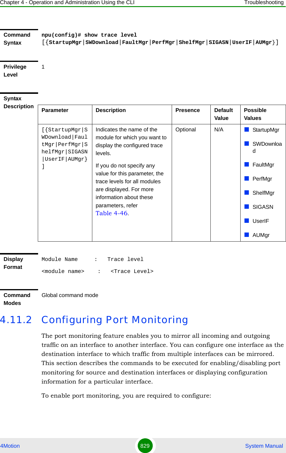 Chapter 4 - Operation and Administration Using the CLI Troubleshooting4Motion 829  System Manual4.11.2 Configuring Port MonitoringThe port monitoring feature enables you to mirror all incoming and outgoing traffic on an interface to another interface. You can configure one interface as the destination interface to which traffic from multiple interfaces can be mirrored. This section describes the commands to be executed for enabling/disabling port monitoring for source and destination interfaces or displaying configuration information for a particular interface.To enable port monitoring, you are required to configure:Command Syntaxnpu(config)# show trace level [{StartupMgr|SWDownload|FaultMgr|PerfMgr|ShelfMgr|SIGASN|UserIF|AUMgr}]Privilege Level1Syntax Description Parameter Description Presence Default ValuePossible Values[{StartupMgr|SWDownload|FaultMgr|PerfMgr|ShelfMgr|SIGASN|UserIF|AUMgr}]Indicates the name of the module for which you want to display the configured trace levels.If you do not specify any value for this parameter, the trace levels for all modules are displayed. For more information about these parameters, refer Table 4-46.Optional N/A StartupMgrSWDownloadFaultMgrPerfMgrShelfMgrSIGASNUserIFAUMgrDisplay FormatModule Name     :   Trace level&lt;module name&gt;    :   &lt;Trace Level&gt;Command ModesGlobal command mode