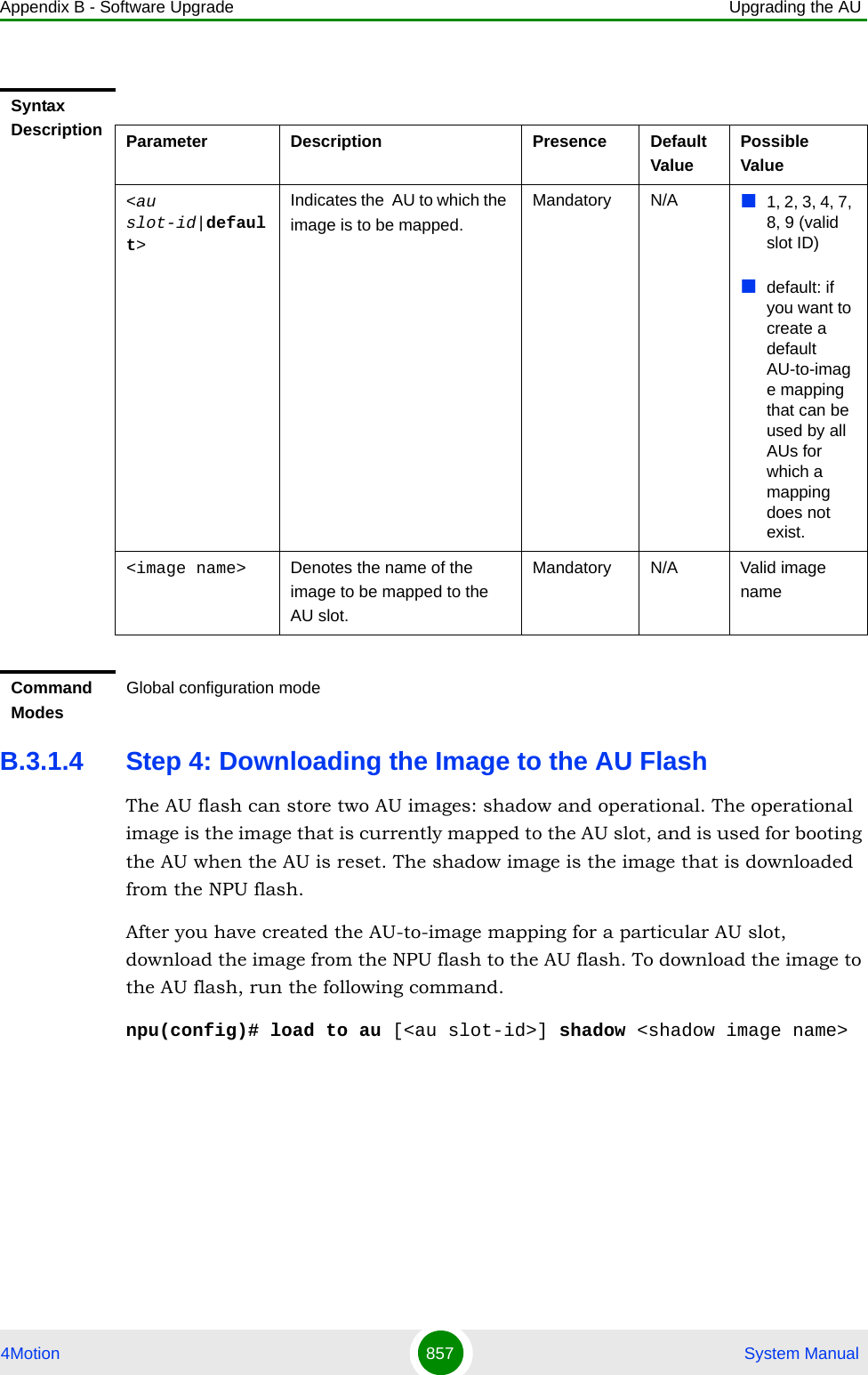 Appendix B - Software Upgrade Upgrading the AU4Motion 857  System ManualB.3.1.4 Step 4: Downloading the Image to the AU FlashThe AU flash can store two AU images: shadow and operational. The operational image is the image that is currently mapped to the AU slot, and is used for booting the AU when the AU is reset. The shadow image is the image that is downloaded from the NPU flash. After you have created the AU-to-image mapping for a particular AU slot, download the image from the NPU flash to the AU flash. To download the image to the AU flash, run the following command.npu(config)# load to au [&lt;au slot-id&gt;] shadow &lt;shadow image name&gt;Syntax Description Parameter Description Presence Default ValuePossible Value&lt;au slot-id|default&gt; Indicates the  AU to which the image is to be mapped.Mandatory N/A 1, 2, 3, 4, 7, 8, 9 (valid slot ID)default: if you want to create a default AU-to-image mapping that can be used by all AUs for which a mapping does not exist. &lt;image name&gt; Denotes the name of the image to be mapped to the AU slot.Mandatory N/A Valid image nameCommand ModesGlobal configuration mode