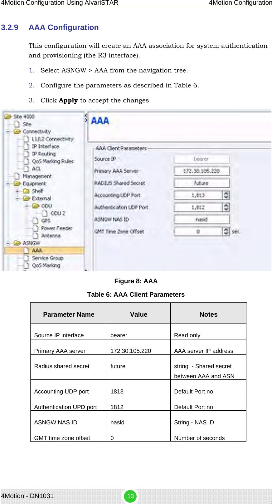 4Motion Configuration Using AlvariSTAR 4Motion Configuration 3.2.9  AAA Configuration This configuration will create an AAA association for system authentication and provisioning (the R3 interface). 1. Select ASNGW &gt; AAA from the navigation tree. 2. Configure the parameters as described in Table 6. 3. Click Apply to accept the changes.  Figure 8: AAA Table 6: AAA Client Parameters Parameter Name  Value  Notes Source IP interface  bearer  Read only Primary AAA server  172.30.105.220  AAA server IP address Radius shared secret  future  string  - Shared secret between AAA and ASN Accounting UDP port  1813  Default Port no Authentication UPD port  1812  Default Port no ASNGW NAS ID  nasid  String - NAS ID GMT time zone offset  0  Number of seconds 4Motion - DN1031  13 
