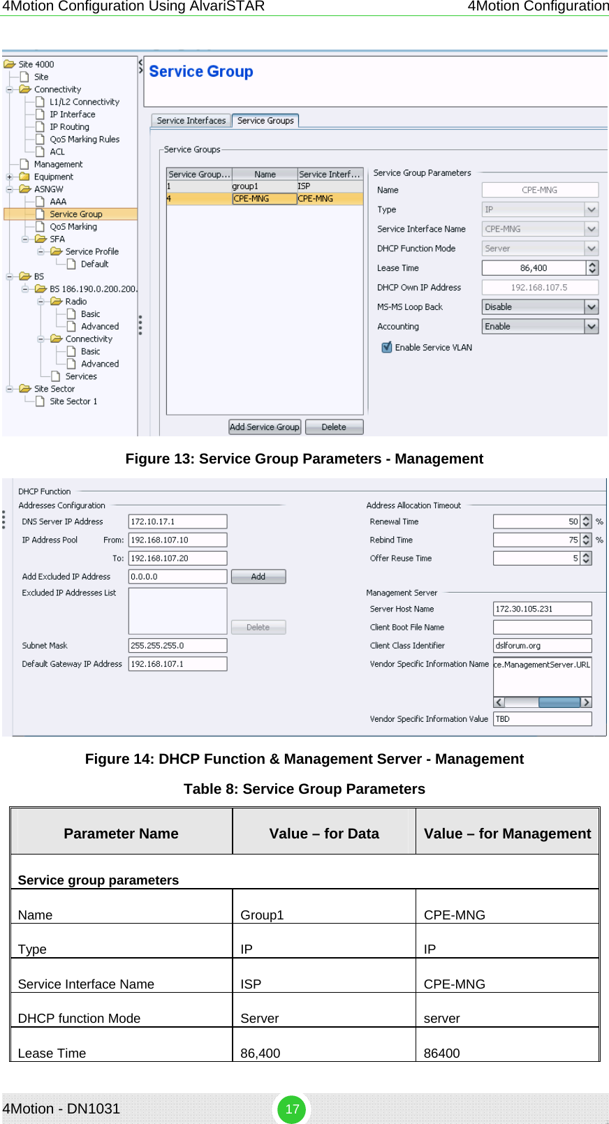 4Motion Configuration Using AlvariSTAR 4Motion Configuration  Figure 13: Service Group Parameters - Management  Figure 14: DHCP Function &amp; Management Server - Management Table 8: Service Group Parameters Parameter Name  Value – for Data  Value – for ManagementService group parameters Name   Group1  CPE-MNG Type   IP  IP Service Interface Name  ISP  CPE-MNG DHCP function Mode  Server  server Lease Time   86,400  86400 4Motion - DN1031  17 