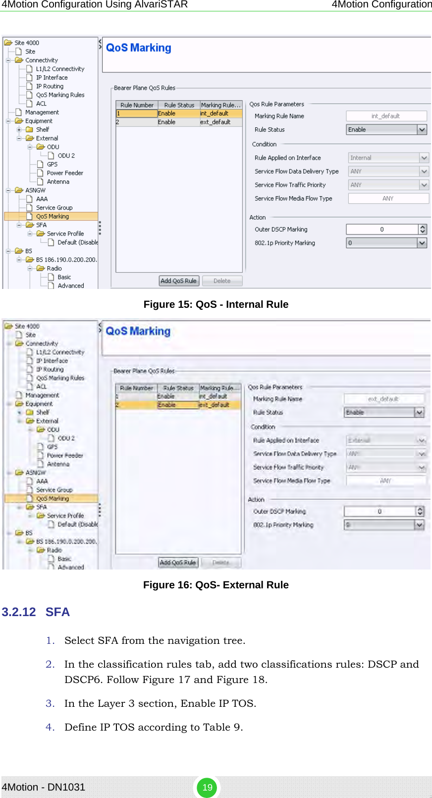4Motion Configuration Using AlvariSTAR 4Motion Configuration  Figure 15: QoS - Internal Rule  Figure 16: QoS- External Rule 3.2.12  SFA 1. Select SFA from the navigation tree. 2. In the classification rules tab, add two classifications rules: DSCP and DSCP6. Follow Figure 17 and Figure 18. 3. In the Layer 3 section, Enable IP TOS. 4. Define IP TOS according to Table 9. 4Motion - DN1031  19 