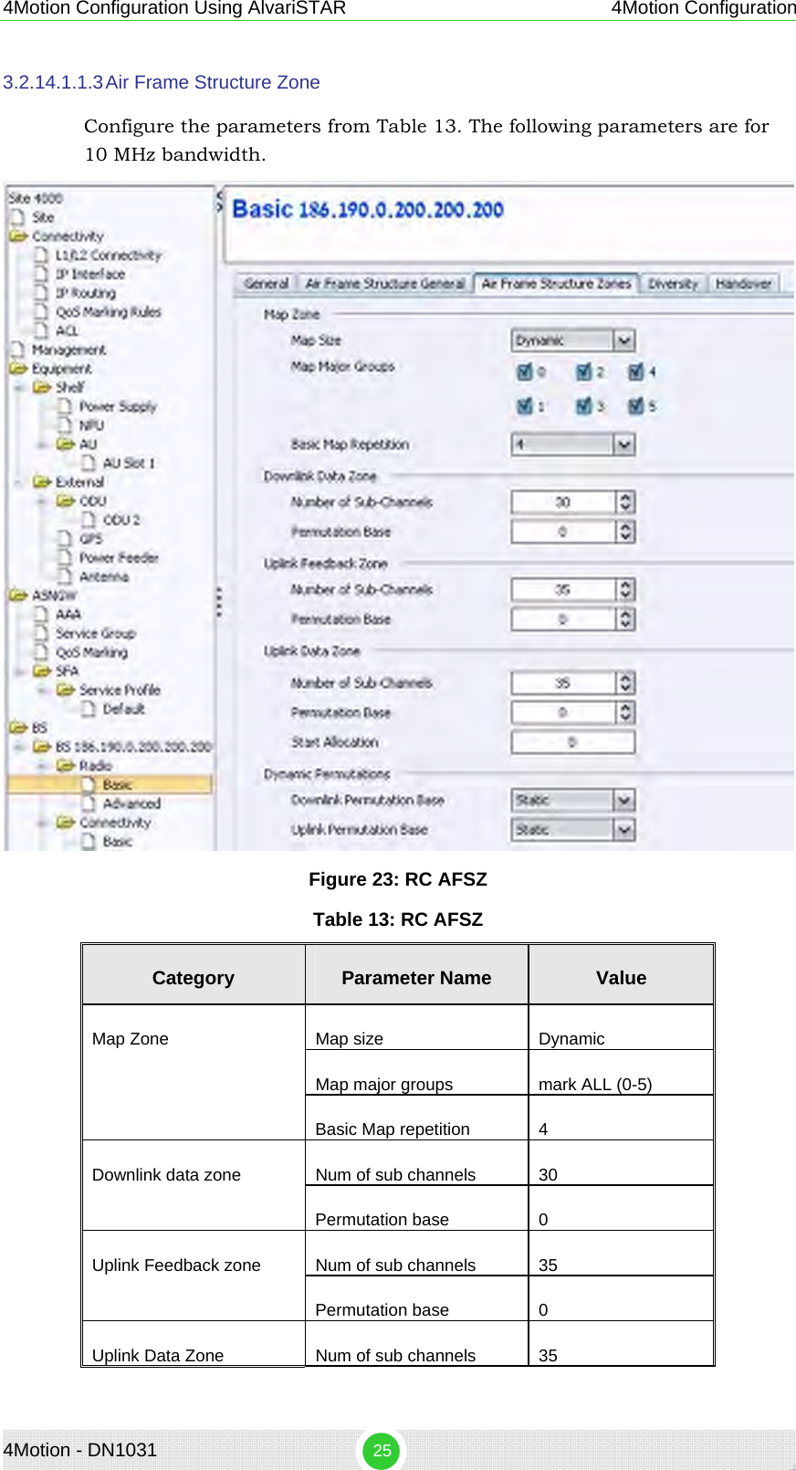 4Motion Configuration Using AlvariSTAR 4Motion Configuration 3.2.14.1.1.3 Air Frame Structure Zone Configure the parameters from Table 13. The following parameters are for 10 MHz bandwidth.  Figure 23: RC AFSZ Table 13: RC AFSZ Category  Parameter Name  Value Map size  Dynamic Map major groups  mark ALL (0-5) Map Zone  Basic Map repetition  4 Num of sub channels  30 Downlink data zone  Permutation base   0 Num of sub channels  35 Uplink Feedback zone Permutation base  0 Uplink Data Zone  Num of sub channels  35 4Motion - DN1031  25 