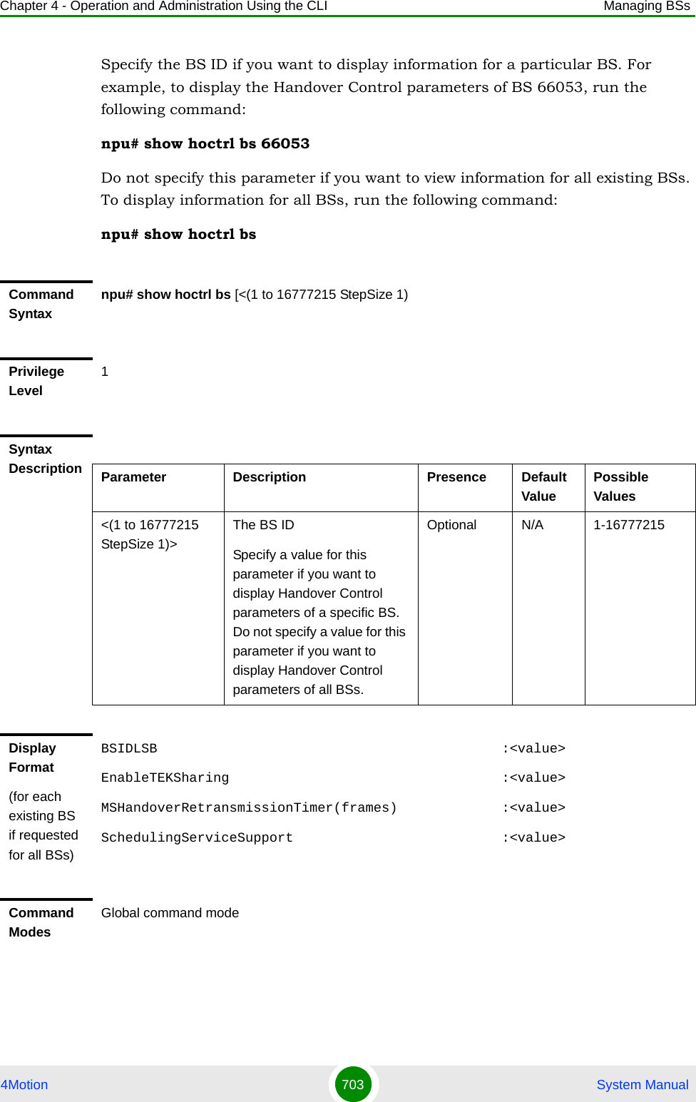 Chapter 4 - Operation and Administration Using the CLI Managing BSs4Motion 703  System ManualSpecify the BS ID if you want to display information for a particular BS. For example, to display the Handover Control parameters of BS 66053, run the following command:npu# show hoctrl bs 66053Do not specify this parameter if you want to view information for all existing BSs. To display information for all BSs, run the following command:npu# show hoctrl bsCommand Syntaxnpu# show hoctrl bs [&lt;(1 to 16777215 StepSize 1)Privilege Level1Syntax Description Parameter Description Presence Default ValuePossible Values&lt;(1 to 16777215 StepSize 1)&gt;The BS ID Specify a value for this parameter if you want to display Handover Control parameters of a specific BS. Do not specify a value for this parameter if you want to display Handover Control parameters of all BSs.Optional N/A 1-16777215Display Format(for each existing BS if requested for all BSs)BSIDLSB                                           :&lt;value&gt;EnableTEKSharing                                  :&lt;value&gt;MSHandoverRetransmissionTimer(frames)             :&lt;value&gt;SchedulingServiceSupport                          :&lt;value&gt;Command ModesGlobal command mode