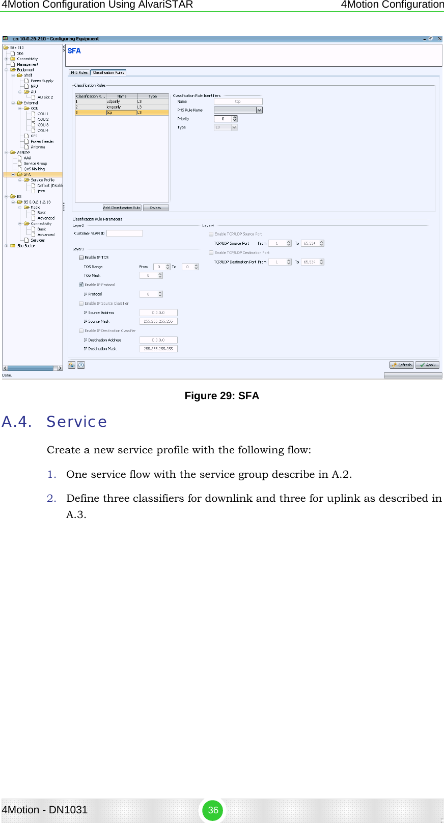 4Motion Configuration Using AlvariSTAR 4Motion Configuration  Figure 29: SFA A.4. Service Create a new service profile with the following flow: 1. One service flow with the service group describe in  A.2. 2. Define three classifiers for downlink and three for uplink as described in  A.3. 4Motion - DN1031  36 