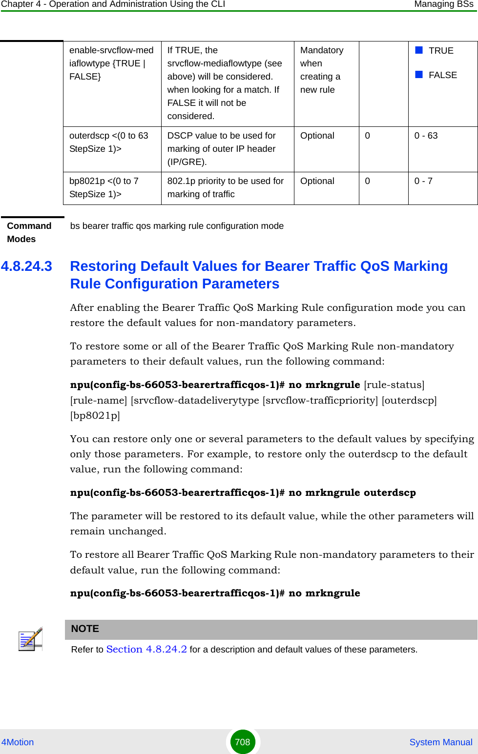 Chapter 4 - Operation and Administration Using the CLI Managing BSs4Motion 708  System Manual4.8.24.3 Restoring Default Values for Bearer Traffic QoS Marking Rule Configuration ParametersAfter enabling the Bearer Traffic QoS Marking Rule configuration mode you can restore the default values for non-mandatory parameters. To restore some or all of the Bearer Traffic QoS Marking Rule non-mandatory parameters to their default values, run the following command:npu(config-bs-66053-bearertrafficqos-1)# no mrkngrule [rule-status] [rule-name] [srvcflow-datadeliverytype [srvcflow-trafficpriority] [outerdscp] [bp8021p]You can restore only one or several parameters to the default values by specifying only those parameters. For example, to restore only the outerdscp to the default value, run the following command:npu(config-bs-66053-bearertrafficqos-1)# no mrkngrule outerdscpThe parameter will be restored to its default value, while the other parameters will remain unchanged.To restore all Bearer Traffic QoS Marking Rule non-mandatory parameters to their default value, run the following command:npu(config-bs-66053-bearertrafficqos-1)# no mrkngruleenable-srvcflow-mediaflowtype {TRUE | FALSE}If TRUE, the  srvcflow-mediaflowtype (see above) will be considered. when looking for a match. If FALSE it will not be considered.Mandatory when creating a new ruleTRUEFALSEouterdscp &lt;(0 to 63 StepSize 1)&gt;DSCP value to be used for marking of outer IP header (IP/GRE).Optional 0 0 - 63bp8021p &lt;(0 to 7 StepSize 1)&gt;802.1p priority to be used for marking of trafficOptional 0 0 - 7Command Modesbs bearer traffic qos marking rule configuration mode NOTERefer to Section 4.8.24.2 for a description and default values of these parameters.