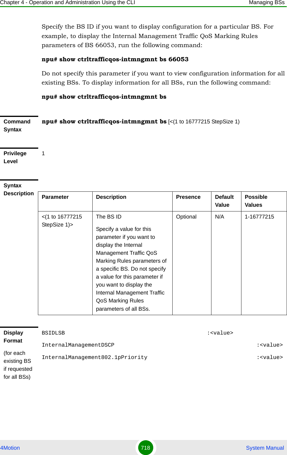 Chapter 4 - Operation and Administration Using the CLI Managing BSs4Motion 718  System ManualSpecify the BS ID if you want to display configuration for a particular BS. For example, to display the Internal Management Traffic QoS Marking Rules parameters of BS 66053, run the following command:npu# show ctrltrafficqos-intmngmnt bs 66053Do not specify this parameter if you want to view configuration information for all existing BSs. To display information for all BSs, run the following command:npu# show ctrltrafficqos-intmngmnt bsCommand Syntaxnpu# show ctrltrafficqos-intmngmnt bs [&lt;(1 to 16777215 StepSize 1)Privilege Level1Syntax Description Parameter Description Presence Default ValuePossible Values&lt;(1 to 16777215 StepSize 1)&gt;The BS ID Specify a value for this parameter if you want to display the Internal Management Traffic QoS Marking Rules parameters of a specific BS. Do not specify a value for this parameter if you want to display the Internal Management Traffic QoS Marking Rules parameters of all BSs.Optional N/A 1-16777215Display Format(for each existing BS if requested for all BSs)BSIDLSB                                           :&lt;value&gt;InternalManagementDSCP                                              :&lt;value&gt;InternalManagement802.1pPriority                                    :&lt;value&gt;