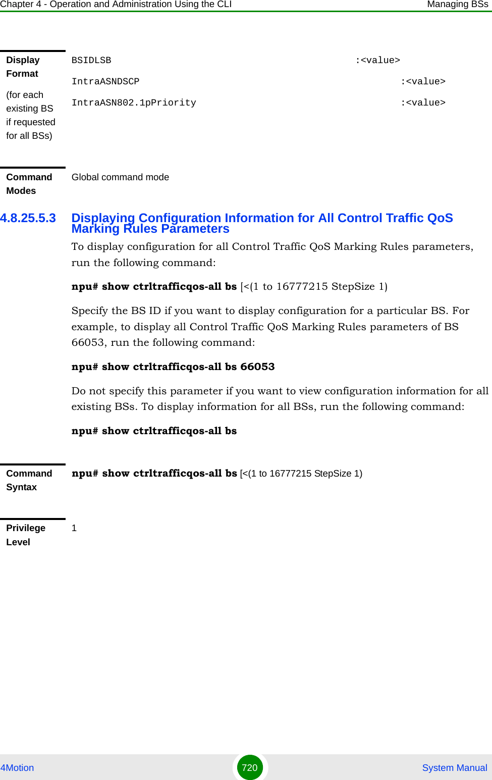 Chapter 4 - Operation and Administration Using the CLI Managing BSs4Motion 720  System Manual4.8.25.5.3 Displaying Configuration Information for All Control Traffic QoS Marking Rules ParametersTo display configuration for all Control Traffic QoS Marking Rules parameters, run the following command:npu# show ctrltrafficqos-all bs [&lt;(1 to 16777215 StepSize 1)Specify the BS ID if you want to display configuration for a particular BS. For example, to display all Control Traffic QoS Marking Rules parameters of BS 66053, run the following command:npu# show ctrltrafficqos-all bs 66053Do not specify this parameter if you want to view configuration information for all existing BSs. To display information for all BSs, run the following command:npu# show ctrltrafficqos-all bsDisplay Format(for each existing BS if requested for all BSs)BSIDLSB                                           :&lt;value&gt;IntraASNDSCP                                              :&lt;value&gt;IntraASN802.1pPriority                                    :&lt;value&gt;Command ModesGlobal command modeCommand Syntaxnpu# show ctrltrafficqos-all bs [&lt;(1 to 16777215 StepSize 1) Privilege Level1