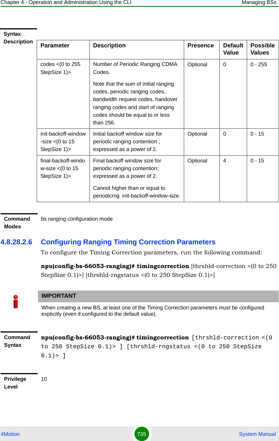 Chapter 4 - Operation and Administration Using the CLI Managing BSs4Motion 735  System Manual4.8.28.2.6 Configuring Ranging Timing Correction ParametersTo configure the Timing Correction parameters, run the following command:npu(config-bs-66053-ranging)# timingcorrection [thrshld-correction &lt;(0 to 250 StepSize 0.1)&gt;] [thrshld-rngstatus &lt;(0 to 250 StepSize 0.1)&gt;]Syntax Description Parameter Description Presence Default Value Possible Valuescodes &lt;(0 to 255 StepSize 1)&gt;Number of Periodic Ranging CDMA Codes.Note that the sum of initial ranging codes, periodic ranging codes, bandwidth request codes, handover ranging codes and start of ranging codes should be equal to or less than 256.Optional 0 0 - 255init-backoff-window-size &lt;(0 to 15 StepSize 1)&gt;Initial backoff window size for periodic ranging contention ; expressed as a power of 2.Optional 0 0 - 15final-backoff-window-size &lt;(0 to 15 StepSize 1)&gt;Final backoff window size for periodic ranging contention; expressed as a power of 2.Cannot higher than or equal to periodicrng  init-backoff-window-size.Optional 4 0 - 15Command Modesbs ranging configuration mode IMPORTANTWhen creating a new BS, at least one of the Timing Correction parameters must be configured explicitly (even if configured to the default value).Command Syntaxnpu(config-bs-66053-ranging)# timingcorrection [thrshld-correction &lt;(0 to 250 StepSize 0.1)&gt; ] [thrshld-rngstatus &lt;(0 to 250 StepSize 0.1)&gt; ]Privilege Level10