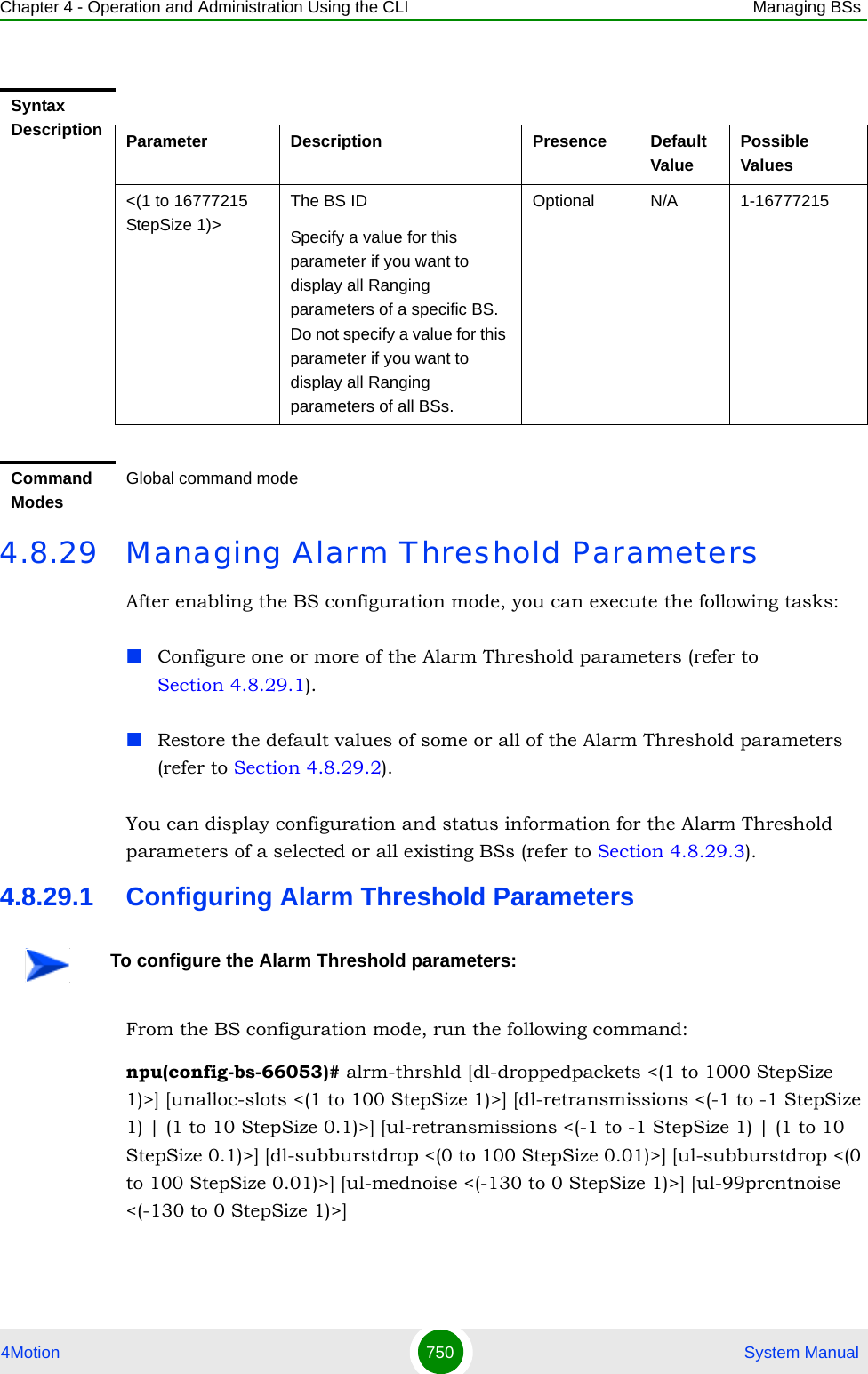 Chapter 4 - Operation and Administration Using the CLI Managing BSs4Motion 750  System Manual4.8.29 Managing Alarm Threshold ParametersAfter enabling the BS configuration mode, you can execute the following tasks:Configure one or more of the Alarm Threshold parameters (refer to Section 4.8.29.1).Restore the default values of some or all of the Alarm Threshold parameters (refer to Section 4.8.29.2).You can display configuration and status information for the Alarm Threshold parameters of a selected or all existing BSs (refer to Section 4.8.29.3).4.8.29.1 Configuring Alarm Threshold ParametersFrom the BS configuration mode, run the following command:npu(config-bs-66053)# alrm-thrshld [dl-droppedpackets &lt;(1 to 1000 StepSize 1)&gt;] [unalloc-slots &lt;(1 to 100 StepSize 1)&gt;] [dl-retransmissions &lt;(-1 to -1 StepSize 1) | (1 to 10 StepSize 0.1)&gt;] [ul-retransmissions &lt;(-1 to -1 StepSize 1) | (1 to 10 StepSize 0.1)&gt;] [dl-subburstdrop &lt;(0 to 100 StepSize 0.01)&gt;] [ul-subburstdrop &lt;(0 to 100 StepSize 0.01)&gt;] [ul-mednoise &lt;(-130 to 0 StepSize 1)&gt;] [ul-99prcntnoise &lt;(-130 to 0 StepSize 1)&gt;]Syntax Description Parameter Description Presence Default ValuePossible Values&lt;(1 to 16777215 StepSize 1)&gt;The BS ID Specify a value for this parameter if you want to display all Ranging parameters of a specific BS. Do not specify a value for this parameter if you want to display all Ranging parameters of all BSs.Optional N/A 1-16777215Command ModesGlobal command modeTo configure the Alarm Threshold parameters: