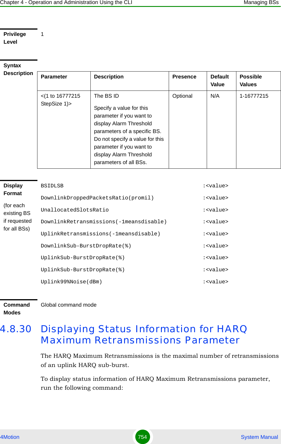 Chapter 4 - Operation and Administration Using the CLI Managing BSs4Motion 754  System Manual4.8.30 Displaying Status Information for HARQ Maximum Retransmissions ParameterThe HARQ Maximum Retransmissions is the maximal number of retransmissions of an uplink HARQ sub-burst.To display status information of HARQ Maximum Retransmissions parameter, run the following command:Privilege Level1Syntax Description Parameter Description Presence Default ValuePossible Values&lt;(1 to 16777215 StepSize 1)&gt;The BS ID Specify a value for this parameter if you want to display Alarm Threshold parameters of a specific BS. Do not specify a value for this parameter if you want to display Alarm Threshold parameters of all BSs.Optional N/A 1-16777215Display Format(for each existing BS if requested for all BSs)BSIDLSB                                           :&lt;value&gt;DownlinkDroppedPacketsRatio(promil)               :&lt;value&gt;UnallocatedSlotsRatio                             :&lt;value&gt;DownlinkRetransmissions(-1meansdisable)           :&lt;value&gt;UplinkRetransmissions(-1meansdisable)             :&lt;value&gt;DownlinkSub-BurstDropRate(%)                      :&lt;value&gt;UplinkSub-BurstDropRate(%)                        :&lt;value&gt;UplinkSub-BurstDropRate(%)                        :&lt;value&gt;Uplink99%Noise(dBm)                               :&lt;value&gt;Command ModesGlobal command mode