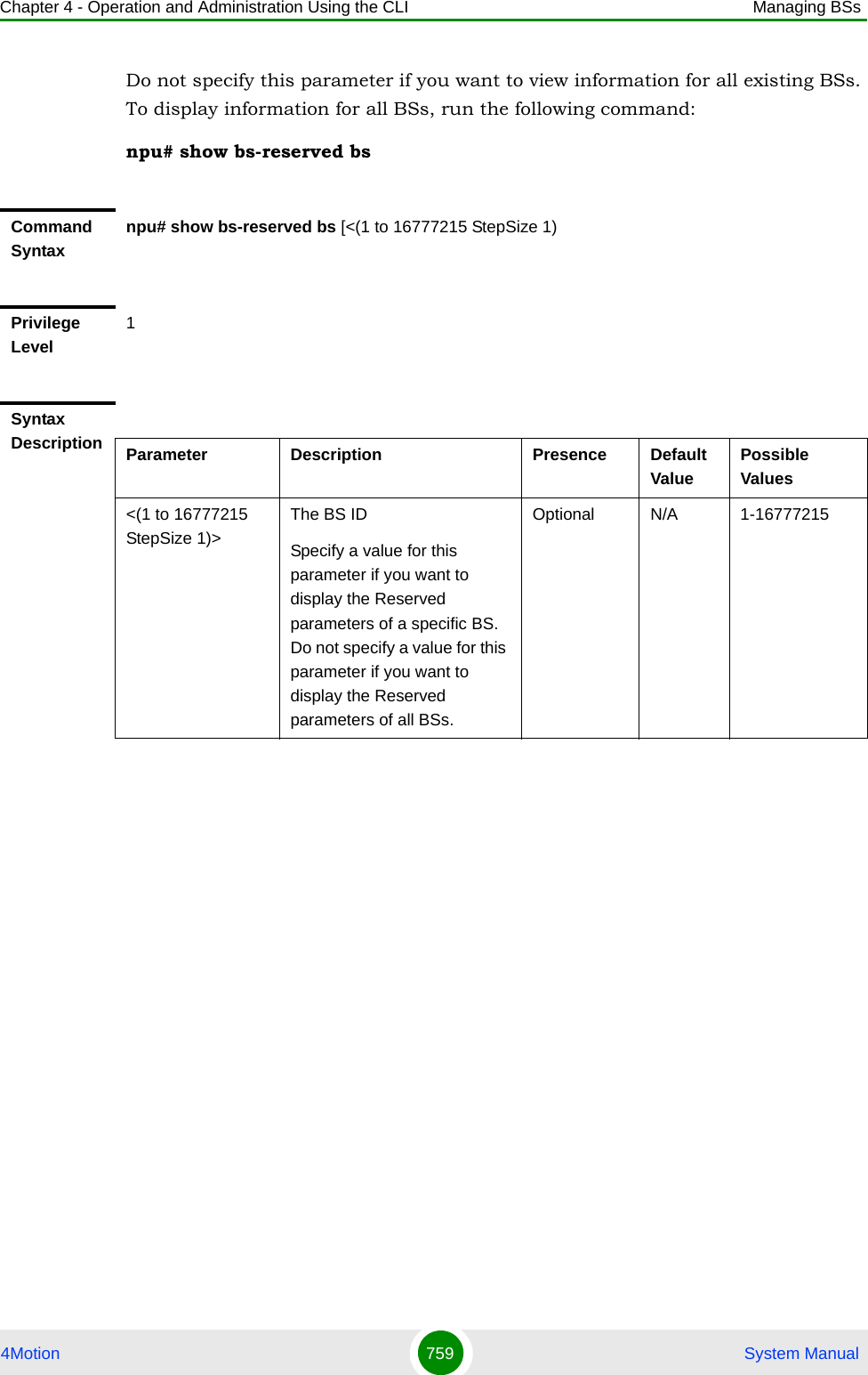 Chapter 4 - Operation and Administration Using the CLI Managing BSs4Motion 759  System ManualDo not specify this parameter if you want to view information for all existing BSs. To display information for all BSs, run the following command:npu# show bs-reserved bsCommand Syntaxnpu# show bs-reserved bs [&lt;(1 to 16777215 StepSize 1)Privilege Level1Syntax Description Parameter Description Presence Default ValuePossible Values&lt;(1 to 16777215 StepSize 1)&gt;The BS ID Specify a value for this parameter if you want to display the Reserved parameters of a specific BS. Do not specify a value for this parameter if you want to display the Reserved parameters of all BSs.Optional N/A 1-16777215