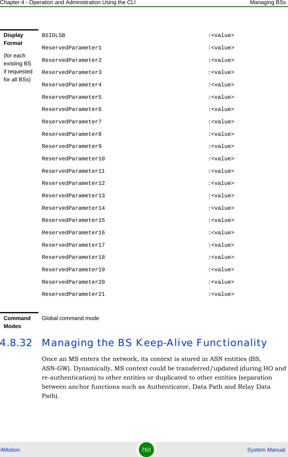 Chapter 4 - Operation and Administration Using the CLI Managing BSs4Motion 760  System Manual4.8.32 Managing the BS Keep-Alive FunctionalityOnce an MS enters the network, its context is stored in ASN entities (BS, ASN-GW). Dynamically, MS context could be transferred/updated (during HO and re-authentication) to other entities or duplicated to other entities (separation between anchor functions such as Authenticator, Data Path and Relay Data Path).Display Format(for each existing BS if requested for all BSs)BSIDLSB                                           :&lt;value&gt;ReservedParameter1                                :&lt;value&gt;ReservedParameter2                                :&lt;value&gt;ReservedParameter3                                :&lt;value&gt;ReservedParameter4                                :&lt;value&gt;ReservedParameter5                                :&lt;value&gt;ReservedParameter6                                :&lt;value&gt;ReservedParameter7                                :&lt;value&gt;ReservedParameter8                                :&lt;value&gt;ReservedParameter9                                :&lt;value&gt;ReservedParameter10                               :&lt;value&gt;ReservedParameter11                               :&lt;value&gt;ReservedParameter12                               :&lt;value&gt;ReservedParameter13                               :&lt;value&gt;ReservedParameter14                               :&lt;value&gt;ReservedParameter15                               :&lt;value&gt;ReservedParameter16                               :&lt;value&gt;ReservedParameter17                               :&lt;value&gt;ReservedParameter18                               :&lt;value&gt;ReservedParameter19                               :&lt;value&gt;ReservedParameter20                               :&lt;value&gt;ReservedParameter21                               :&lt;value&gt;Command ModesGlobal command mode