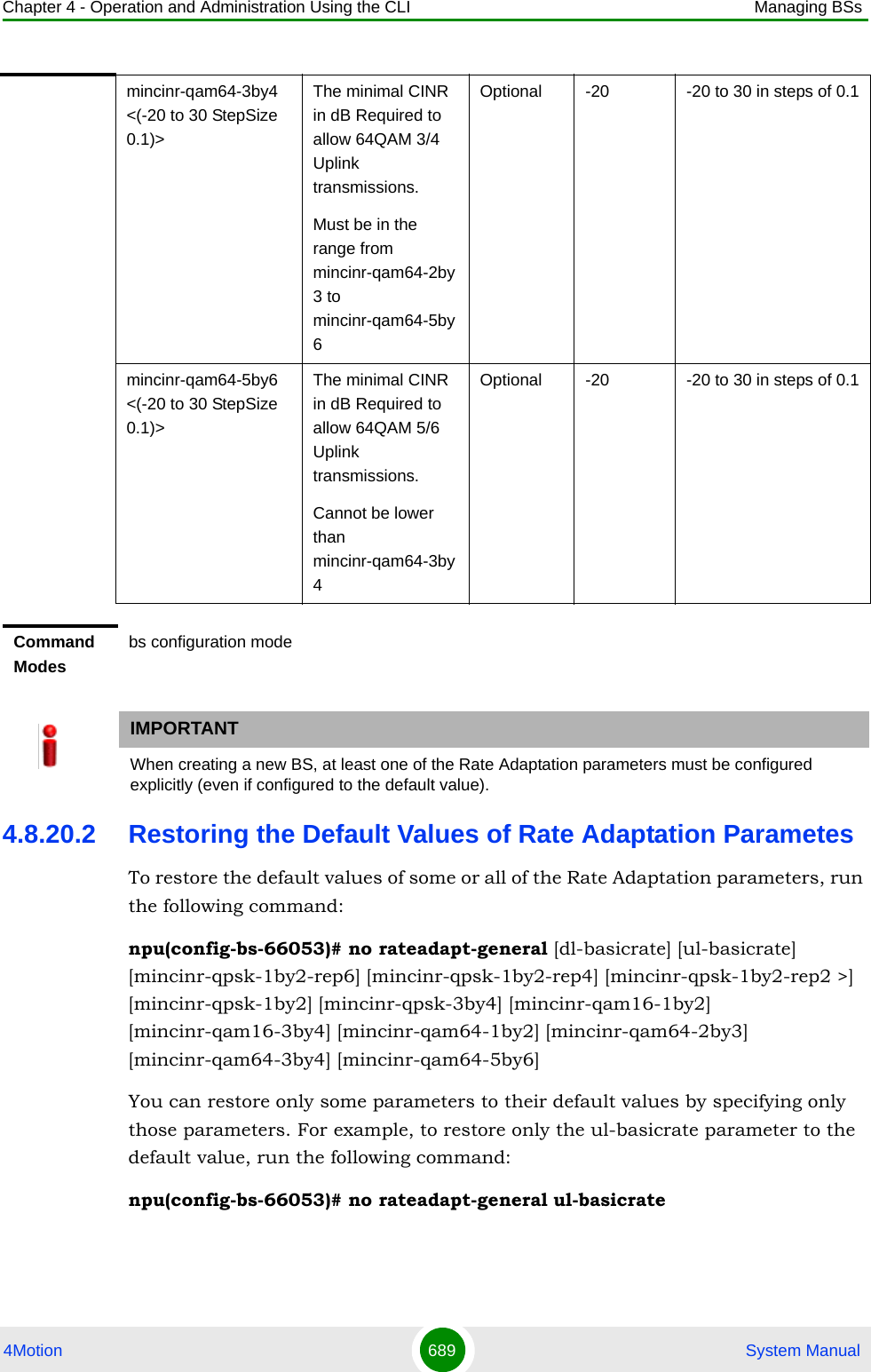 Chapter 4 - Operation and Administration Using the CLI Managing BSs4Motion 689  System Manual4.8.20.2 Restoring the Default Values of Rate Adaptation ParametesTo restore the default values of some or all of the Rate Adaptation parameters, run the following command:npu(config-bs-66053)# no rateadapt-general [dl-basicrate] [ul-basicrate] [mincinr-qpsk-1by2-rep6] [mincinr-qpsk-1by2-rep4] [mincinr-qpsk-1by2-rep2 &gt;] [mincinr-qpsk-1by2] [mincinr-qpsk-3by4] [mincinr-qam16-1by2] [mincinr-qam16-3by4] [mincinr-qam64-1by2] [mincinr-qam64-2by3] [mincinr-qam64-3by4] [mincinr-qam64-5by6]You can restore only some parameters to their default values by specifying only those parameters. For example, to restore only the ul-basicrate parameter to the default value, run the following command:npu(config-bs-66053)# no rateadapt-general ul-basicratemincinr-qam64-3by4 &lt;(-20 to 30 StepSize 0.1)&gt;The minimal CINR in dB Required to allow 64QAM 3/4 Uplink transmissions.Must be in the range from mincinr-qam64-2by3 to mincinr-qam64-5by6Optional -20 -20 to 30 in steps of 0.1mincinr-qam64-5by6 &lt;(-20 to 30 StepSize 0.1)&gt;The minimal CINR in dB Required to allow 64QAM 5/6 Uplink transmissions.Cannot be lower than mincinr-qam64-3by4Optional -20 -20 to 30 in steps of 0.1Command Modesbs configuration modeIMPORTANTWhen creating a new BS, at least one of the Rate Adaptation parameters must be configured explicitly (even if configured to the default value).