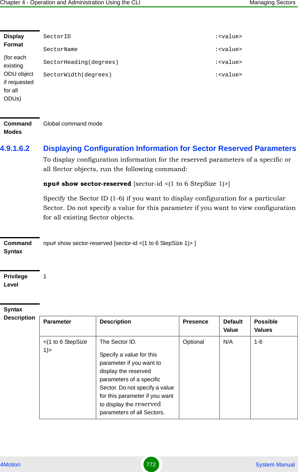 Chapter 4 - Operation and Administration Using the CLI Managing Sectors4Motion 772  System Manual4.9.1.6.2 Displaying Configuration Information for Sector Reserved ParametersTo display configuration information for the reserved parameters of a specific or all Sector objects, run the following command:npu# show sector-reserved [sector-id &lt;(1 to 6 StepSize 1)&gt;]Specify the Sector ID (1-6) if you want to display configuration for a particular Sector. Do not specify a value for this parameter if you want to view configuration for all existing Sector objects.Display Format(for each existing ODU object if requested for all ODUs)SectorID                                          :&lt;value&gt;SectorName                                        :&lt;value&gt;SectorHeading(degrees)                            :&lt;value&gt;SectorWidth(degrees)                              :&lt;value&gt;Command ModesGlobal command modeCommand Syntaxnpu# show sector-reserved [sector-id &lt;(1 to 6 StepSize 1)&gt; ]Privilege Level1Syntax Description Parameter Description Presence Default ValuePossible Values&lt;(1 to 6 StepSize 1)&gt;The Sector ID.Specify a value for this parameter if you want to display the reserved parameters of a specific Sector. Do not specify a value for this parameter if you want to display the reserved parameters of all Sectors.Optional N/A 1-6