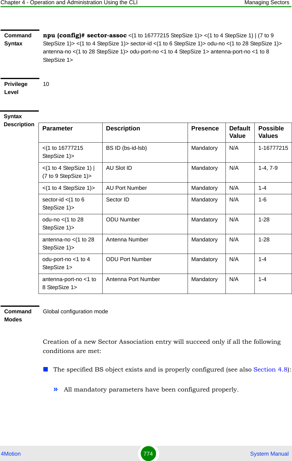 Chapter 4 - Operation and Administration Using the CLI Managing Sectors4Motion 774  System ManualCreation of a new Sector Association entry will succeed only if all the following conditions are met:The specified BS object exists and is properly configured (see also Section 4.8):»All mandatory parameters have been configured properly.Command Syntaxnpu (config)# sector-assoc &lt;(1 to 16777215 StepSize 1)&gt; &lt;(1 to 4 StepSize 1) | (7 to 9 StepSize 1)&gt; &lt;(1 to 4 StepSize 1)&gt; sector-id &lt;(1 to 6 StepSize 1)&gt; odu-no &lt;(1 to 28 StepSize 1)&gt; antenna-no &lt;(1 to 28 StepSize 1)&gt; odu-port-no &lt;1 to 4 StepSize 1&gt; antenna-port-no &lt;1 to 8 StepSize 1&gt;Privilege Level10Syntax Description Parameter Description Presence Default Value Possible Values&lt;(1 to 16777215 StepSize 1)&gt;BS ID (bs-id-lsb) Mandatory N/A 1-16777215&lt;(1 to 4 StepSize 1) | (7 to 9 StepSize 1)&gt;AU Slot ID Mandatory N/A 1-4, 7-9&lt;(1 to 4 StepSize 1)&gt; AU Port Number Mandatory N/A 1-4sector-id &lt;(1 to 6 StepSize 1)&gt;Sector ID Mandatory N/A 1-6odu-no &lt;(1 to 28 StepSize 1)&gt;ODU Number Mandatory N/A 1-28antenna-no &lt;(1 to 28 StepSize 1)&gt;Antenna Number Mandatory N/A 1-28odu-port-no &lt;1 to 4 StepSize 1&gt;ODU Port Number Mandatory N/A 1-4antenna-port-no &lt;1 to 8 StepSize 1&gt;Antenna Port Number Mandatory N/A 1-4Command ModesGlobal configuration mode