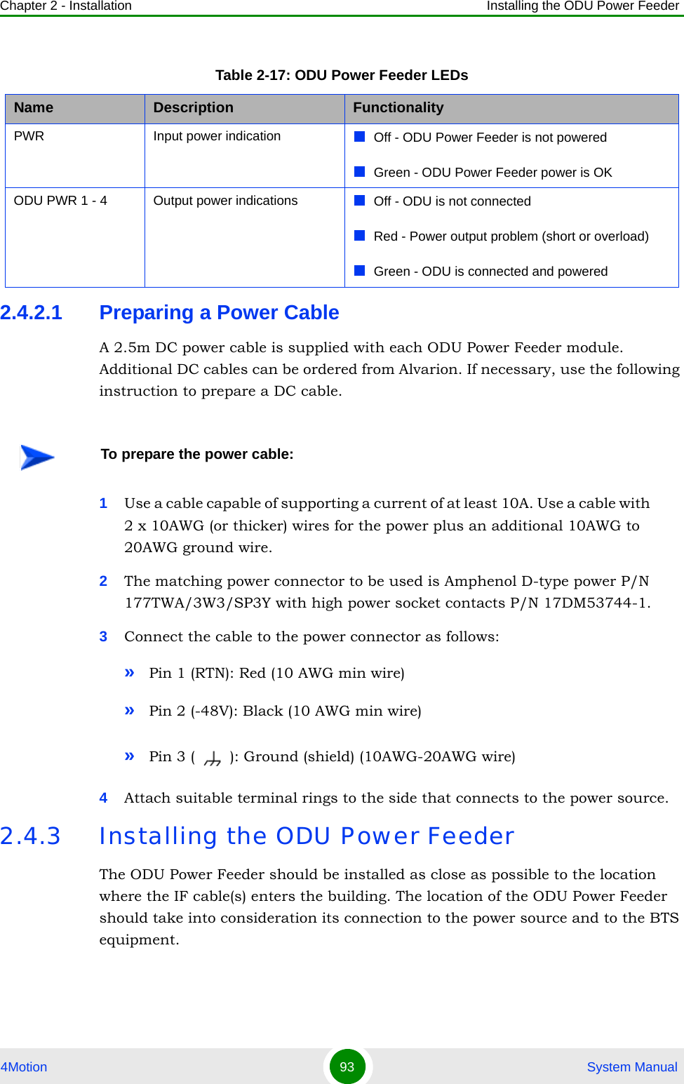 Chapter 2 - Installation Installing the ODU Power Feeder4Motion 93  System Manual2.4.2.1 Preparing a Power CableA 2.5m DC power cable is supplied with each ODU Power Feeder module. Additional DC cables can be ordered from Alvarion. If necessary, use the following instruction to prepare a DC cable.1Use a cable capable of supporting a current of at least 10A. Use a cable with          2 x 10AWG (or thicker) wires for the power plus an additional 10AWG to 20AWG ground wire.2The matching power connector to be used is Amphenol D-type power P/N 177TWA/3W3/SP3Y with high power socket contacts P/N 17DM53744-1.3Connect the cable to the power connector as follows:»Pin 1 (RTN): Red (10 AWG min wire)»Pin 2 (-48V): Black (10 AWG min wire)»Pin 3 ( ): Ground (shield) (10AWG-20AWG wire)4Attach suitable terminal rings to the side that connects to the power source.2.4.3 Installing the ODU Power FeederThe ODU Power Feeder should be installed as close as possible to the location where the IF cable(s) enters the building. The location of the ODU Power Feeder should take into consideration its connection to the power source and to the BTS equipment.Table 2-17: ODU Power Feeder LEDsName  Description FunctionalityPWR Input power indication Off - ODU Power Feeder is not poweredGreen - ODU Power Feeder power is OKODU PWR 1 - 4  Output power indications Off - ODU is not connectedRed - Power output problem (short or overload)Green - ODU is connected and poweredTo prepare the power cable: