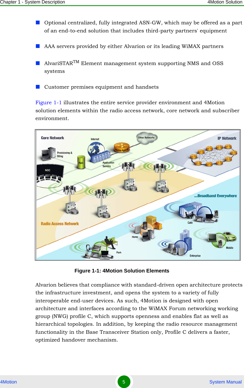 Chapter 1 - System Description 4Motion Solution4Motion 5 System ManualOptional centralized, fully integrated ASN-GW, which may be offered as a part of an end-to-end solution that includes third-party partners&apos; equipmentAAA servers provided by either Alvarion or its leading WiMAX partnersAlvariSTARTM Element management system supporting NMS and OSS systemsCustomer premises equipment and handsetsFigure 1-1 illustrates the entire service provider environment and 4Motion solution elements within the radio access network, core network and subscriber environment.Alvarion believes that compliance with standard-driven open architecture protects the infrastructure investment, and opens the system to a variety of fully interoperable end-user devices. As such, 4Motion is designed with open architecture and interfaces according to the WiMAX Forum networking working group (NWG) profile C, which supports openness and enables flat as well as hierarchical topologies. In addition, by keeping the radio resource management functionality in the Base Transceiver Station only, Profile C delivers a faster, optimized handover mechanism.Figure 1-1: 4Motion Solution Elements