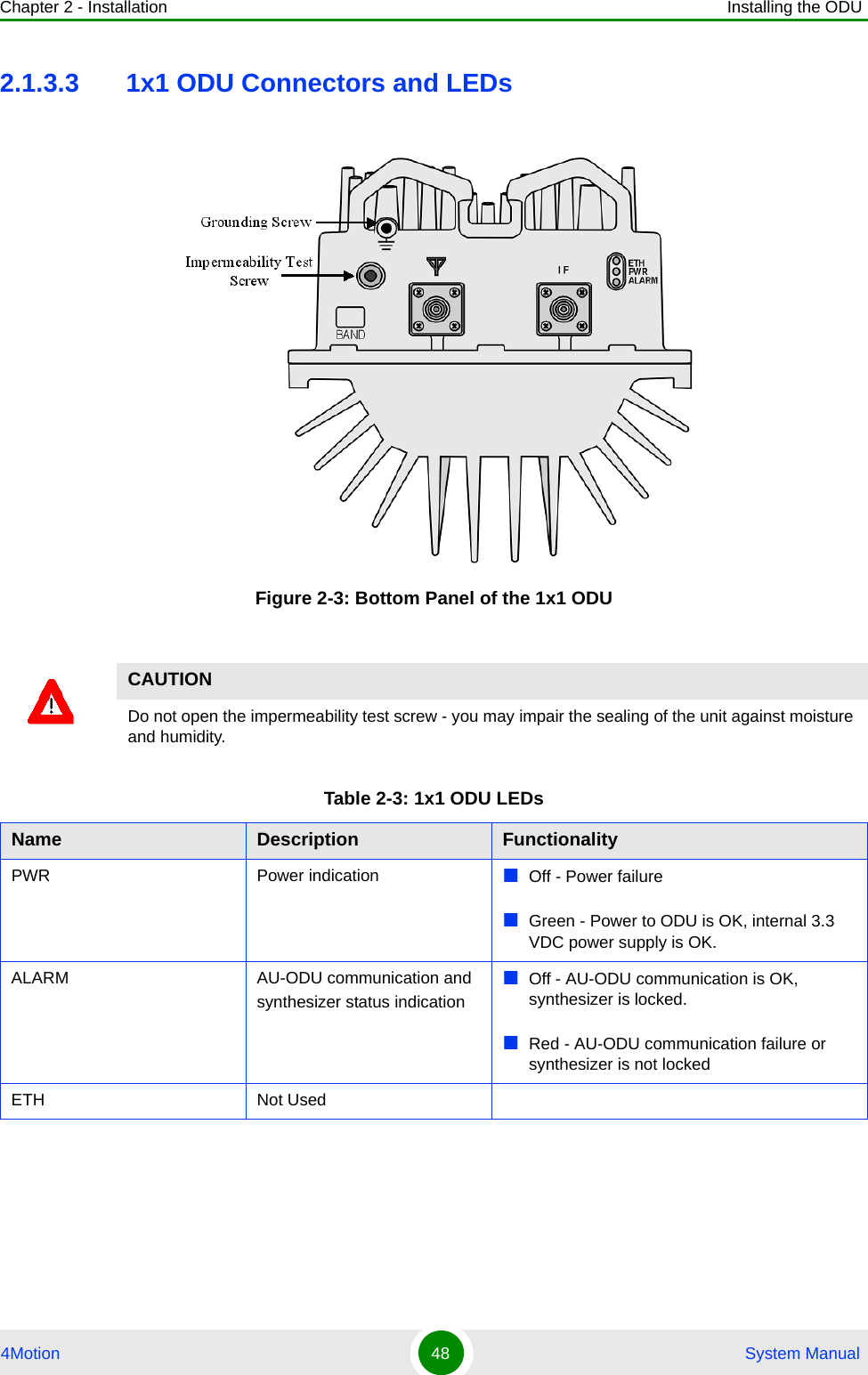 Chapter 2 - Installation Installing the ODU4Motion 48  System Manual2.1.3.3 1x1 ODU Connectors and LEDsFigure 2-3: Bottom Panel of the 1x1 ODU CAUTIONDo not open the impermeability test screw - you may impair the sealing of the unit against moisture and humidity.Table 2-3: 1x1 ODU LEDsName Description FunctionalityPWR Power indication Off - Power failureGreen - Power to ODU is OK, internal 3.3 VDC power supply is OK.ALARM AU-ODU communication and synthesizer status indicationOff - AU-ODU communication is OK, synthesizer is locked.Red - AU-ODU communication failure or synthesizer is not lockedETH Not Used