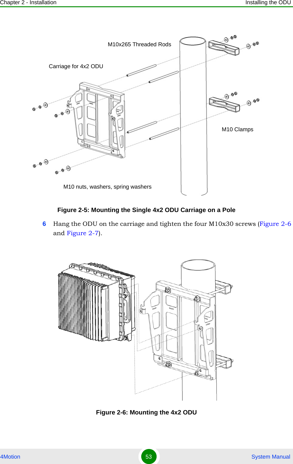 Chapter 2 - Installation Installing the ODU4Motion 53  System Manual6Hang the ODU on the carriage and tighten the four M10x30 screws (Figure 2-6 and Figure 2-7). Figure 2-5: Mounting the Single 4x2 ODU Carriage on a PoleFigure 2-6: Mounting the 4x2 ODUM10x265 Threaded RodsM10 ClampsM10 nuts, washers, spring washersCarriage for 4x2 ODU