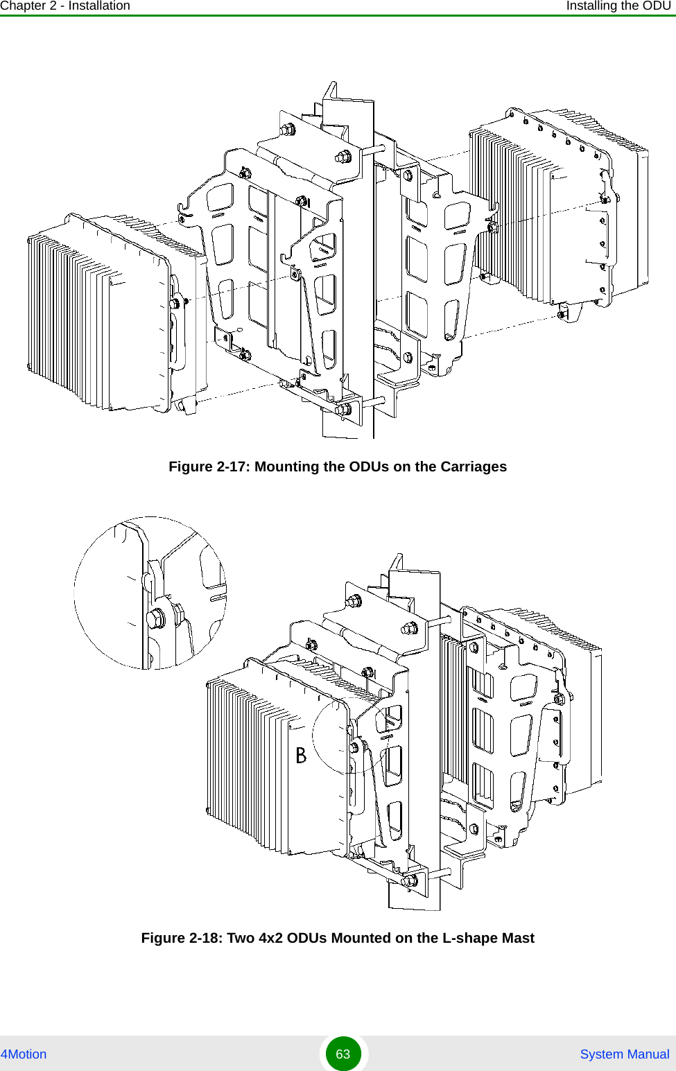 Chapter 2 - Installation Installing the ODU4Motion 63  System ManualFigure 2-17: Mounting the ODUs on the CarriagesFigure 2-18: Two 4x2 ODUs Mounted on the L-shape Mast