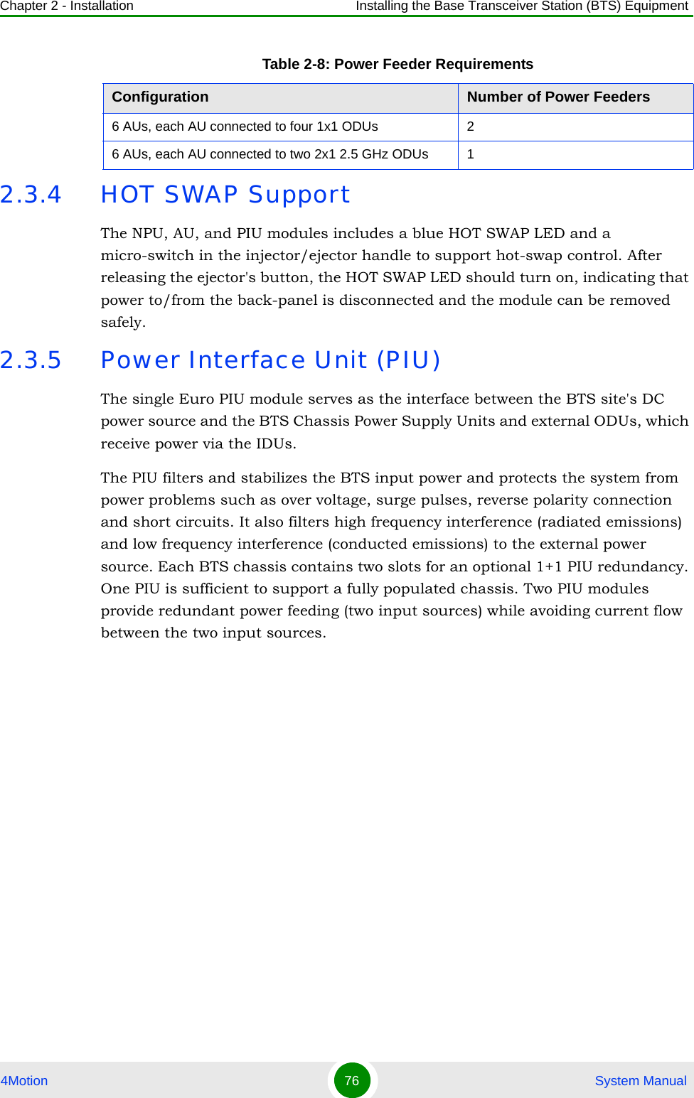 Chapter 2 - Installation Installing the Base Transceiver Station (BTS) Equipment4Motion 76  System Manual2.3.4 HOT SWAP SupportThe NPU, AU, and PIU modules includes a blue HOT SWAP LED and a micro-switch in the injector/ejector handle to support hot-swap control. After releasing the ejector&apos;s button, the HOT SWAP LED should turn on, indicating that power to/from the back-panel is disconnected and the module can be removed safely. 2.3.5 Power Interface Unit (PIU)The single Euro PIU module serves as the interface between the BTS site&apos;s DC power source and the BTS Chassis Power Supply Units and external ODUs, which receive power via the IDUs. The PIU filters and stabilizes the BTS input power and protects the system from power problems such as over voltage, surge pulses, reverse polarity connection and short circuits. It also filters high frequency interference (radiated emissions) and low frequency interference (conducted emissions) to the external power source. Each BTS chassis contains two slots for an optional 1+1 PIU redundancy. One PIU is sufficient to support a fully populated chassis. Two PIU modules provide redundant power feeding (two input sources) while avoiding current flow between the two input sources.6 AUs, each AU connected to four 1x1 ODUs 26 AUs, each AU connected to two 2x1 2.5 GHz ODUs 1Table 2-8: Power Feeder RequirementsConfiguration Number of Power Feeders