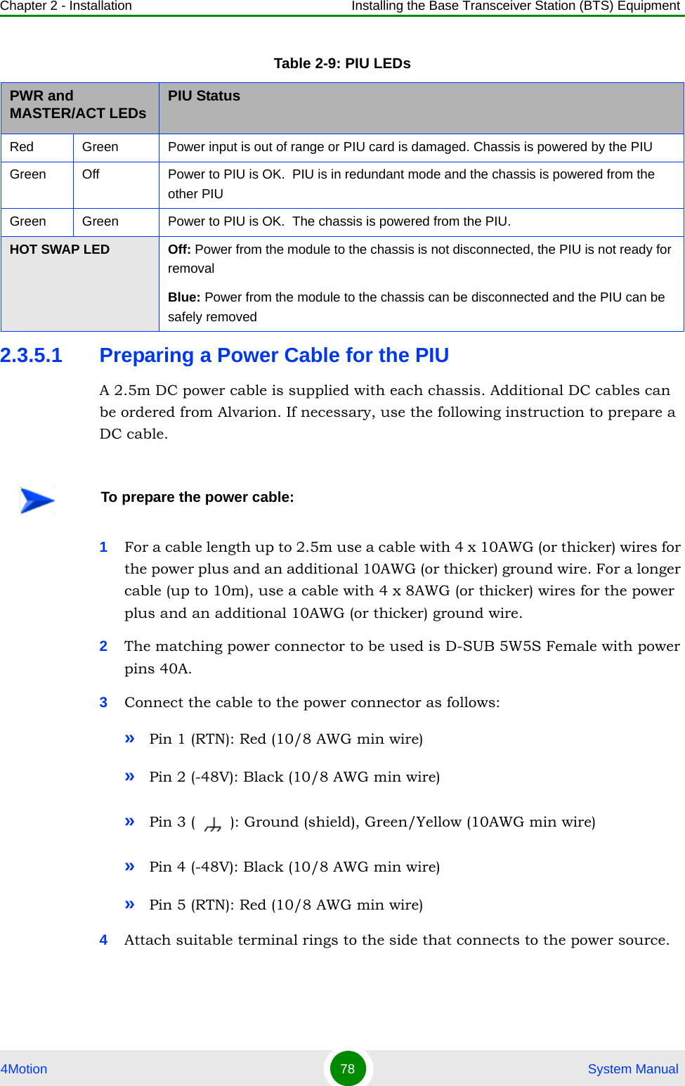 Chapter 2 - Installation Installing the Base Transceiver Station (BTS) Equipment4Motion 78  System Manual2.3.5.1 Preparing a Power Cable for the PIUA 2.5m DC power cable is supplied with each chassis. Additional DC cables can be ordered from Alvarion. If necessary, use the following instruction to prepare a DC cable.1For a cable length up to 2.5m use a cable with 4 x 10AWG (or thicker) wires for the power plus and an additional 10AWG (or thicker) ground wire. For a longer cable (up to 10m), use a cable with 4 x 8AWG (or thicker) wires for the power plus and an additional 10AWG (or thicker) ground wire.2The matching power connector to be used is D-SUB 5W5S Female with power pins 40A.3Connect the cable to the power connector as follows:»Pin 1 (RTN): Red (10/8 AWG min wire)»Pin 2 (-48V): Black (10/8 AWG min wire)»Pin 3 ( ): Ground (shield), Green/Yellow (10AWG min wire)»Pin 4 (-48V): Black (10/8 AWG min wire)»Pin 5 (RTN): Red (10/8 AWG min wire)4Attach suitable terminal rings to the side that connects to the power source.Red Green Power input is out of range or PIU card is damaged. Chassis is powered by the PIUGreen  Off Power to PIU is OK.  PIU is in redundant mode and the chassis is powered from the other PIUGreen Green Power to PIU is OK.  The chassis is powered from the PIU.HOT SWAP LED Off: Power from the module to the chassis is not disconnected, the PIU is not ready for removalBlue: Power from the module to the chassis can be disconnected and the PIU can be safely removedTo prepare the power cable:Table 2-9: PIU LEDsPWR and MASTER/ACT LEDs  PIU Status