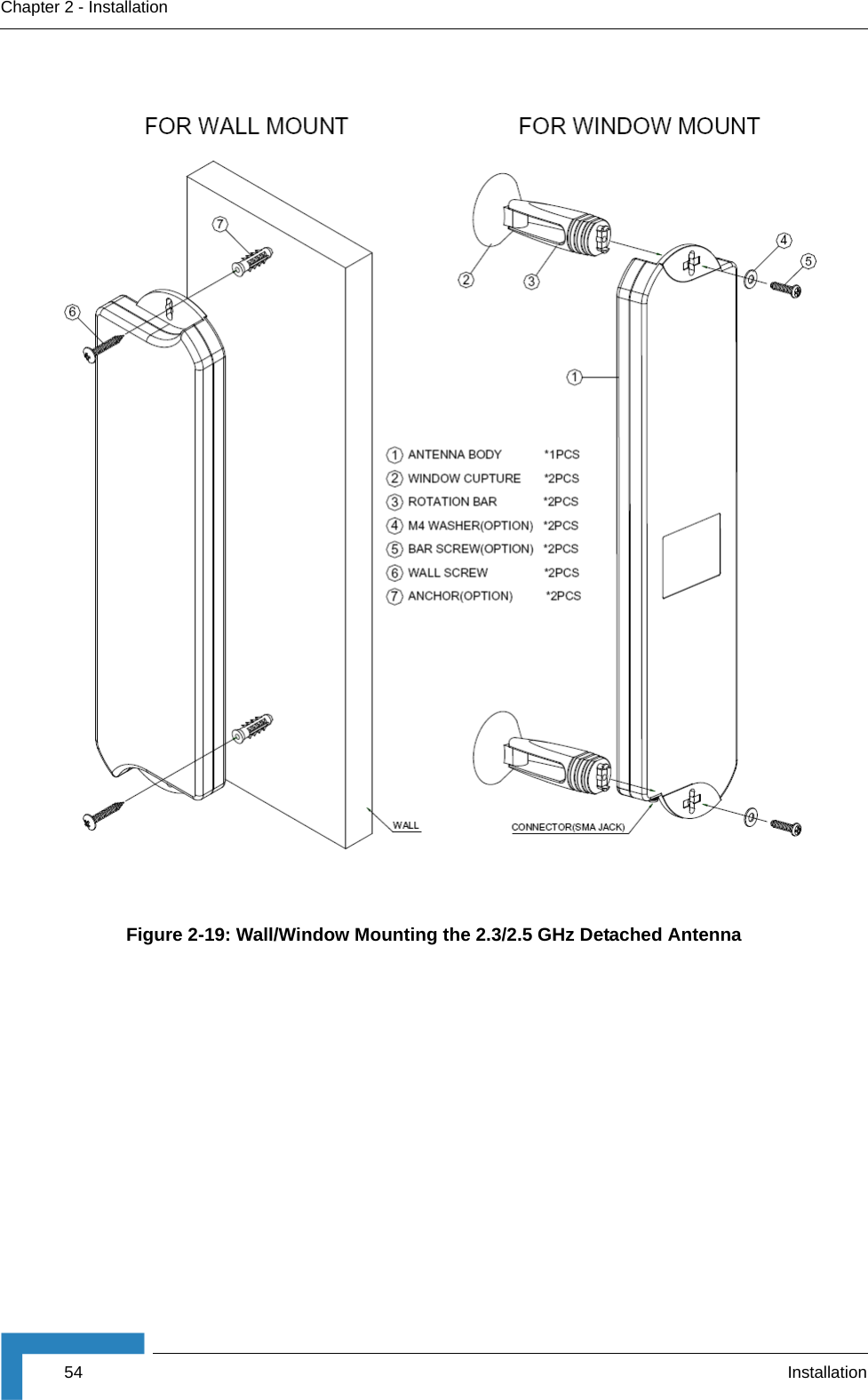 54 InstallationChapter 2 - InstallationFigure 2-19: Wall/Window Mounting the 2.3/2.5 GHz Detached Antenna