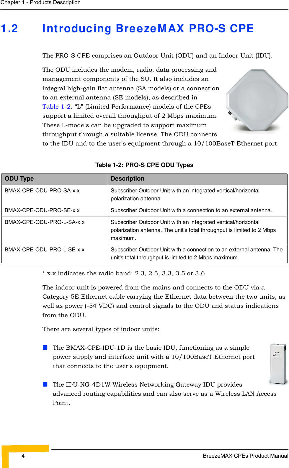 4BreezeMAX CPEs Product ManualChapter 1 - Products Description1.2 Introducing BreezeMAX PRO-S CPEThe PRO-S CPE comprises an Outdoor Unit (ODU) and an Indoor Unit (IDU).The ODU includes the modem, radio, data processing and management components of the SU. It also includes an integral high-gain flat antenna (SA models) or a connection to an external antenna (SE models), as described in Table 1-2. “L” (Limited Performance) models of the CPEs support a limited overall throughput of 2 Mbps maximum. These L-models can be upgraded to support maximum throughput through a suitable license. The ODU connects to the IDU and to the user&apos;s equipment through a 10/100BaseT Ethernet port.* x.x indicates the radio band: 2.3, 2.5, 3.3, 3.5 or 3.6The indoor unit is powered from the mains and connects to the ODU via a Category 5E Ethernet cable carrying the Ethernet data between the two units, as well as power (-54 VDC) and control signals to the ODU and status indications from the ODU. There are several types of indoor units:The BMAX-CPE-IDU-1D is the basic IDU, functioning as a simple power supply and interface unit with a 10/100BaseT Ethernet port that connects to the user&apos;s equipment. The IDU-NG-4D1W Wireless Networking Gateway IDU provides advanced routing capabilities and can also serve as a Wireless LAN Access Point.Table 1-2: PRO-S CPE ODU Types ODU Type DescriptionBMAX-CPE-ODU-PRO-SA-x.x Subscriber Outdoor Unit with an integrated vertical/horizontal polarization antenna. BMAX-CPE-ODU-PRO-SE-x.x Subscriber Outdoor Unit with a connection to an external antenna. BMAX-CPE-ODU-PRO-L-SA-x.x Subscriber Outdoor Unit with an integrated vertical/horizontal polarization antenna. The unit&apos;s total throughput is limited to 2 Mbps maximum.BMAX-CPE-ODU-PRO-L-SE-x.x Subscriber Outdoor Unit with a connection to an external antenna. The unit&apos;s total throughput is limited to 2 Mbps maximum.
