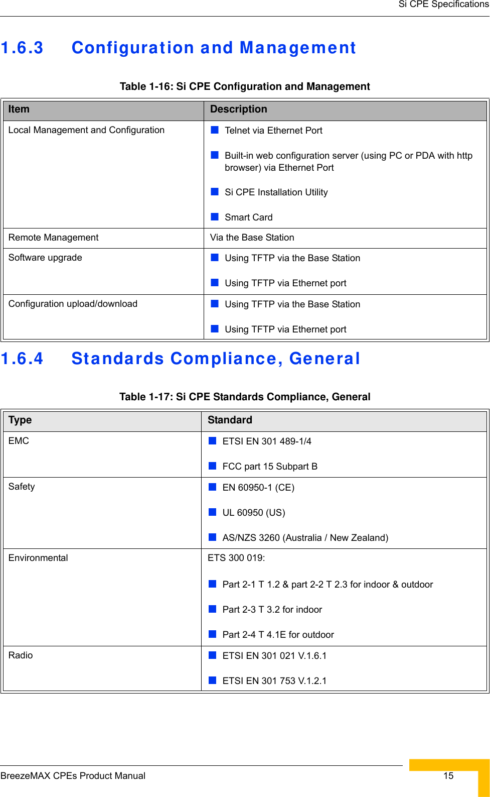 Si CPE SpecificationsBreezeMAX CPEs Product Manual  151.6.3 Configuration and Management1.6.4 Standards Compliance, GeneralTable 1-16: Si CPE Configuration and ManagementItem DescriptionLocal Management and Configuration  Telnet via Ethernet PortBuilt-in web configuration server (using PC or PDA with http browser) via Ethernet PortSi CPE Installation UtilitySmart CardRemote Management Via the Base StationSoftware upgrade Using TFTP via the Base StationUsing TFTP via Ethernet portConfiguration upload/download Using TFTP via the Base StationUsing TFTP via Ethernet portTable 1-17: Si CPE Standards Compliance, GeneralType StandardEMC ETSI EN 301 489-1/4FCC part 15 Subpart BSafety EN 60950-1 (CE)UL 60950 (US)AS/NZS 3260 (Australia / New Zealand)Environmental ETS 300 019:Part 2-1 T 1.2 &amp; part 2-2 T 2.3 for indoor &amp; outdoorPart 2-3 T 3.2 for indoorPart 2-4 T 4.1E for outdoorRadio ETSI EN 301 021 V.1.6.1ETSI EN 301 753 V.1.2.1