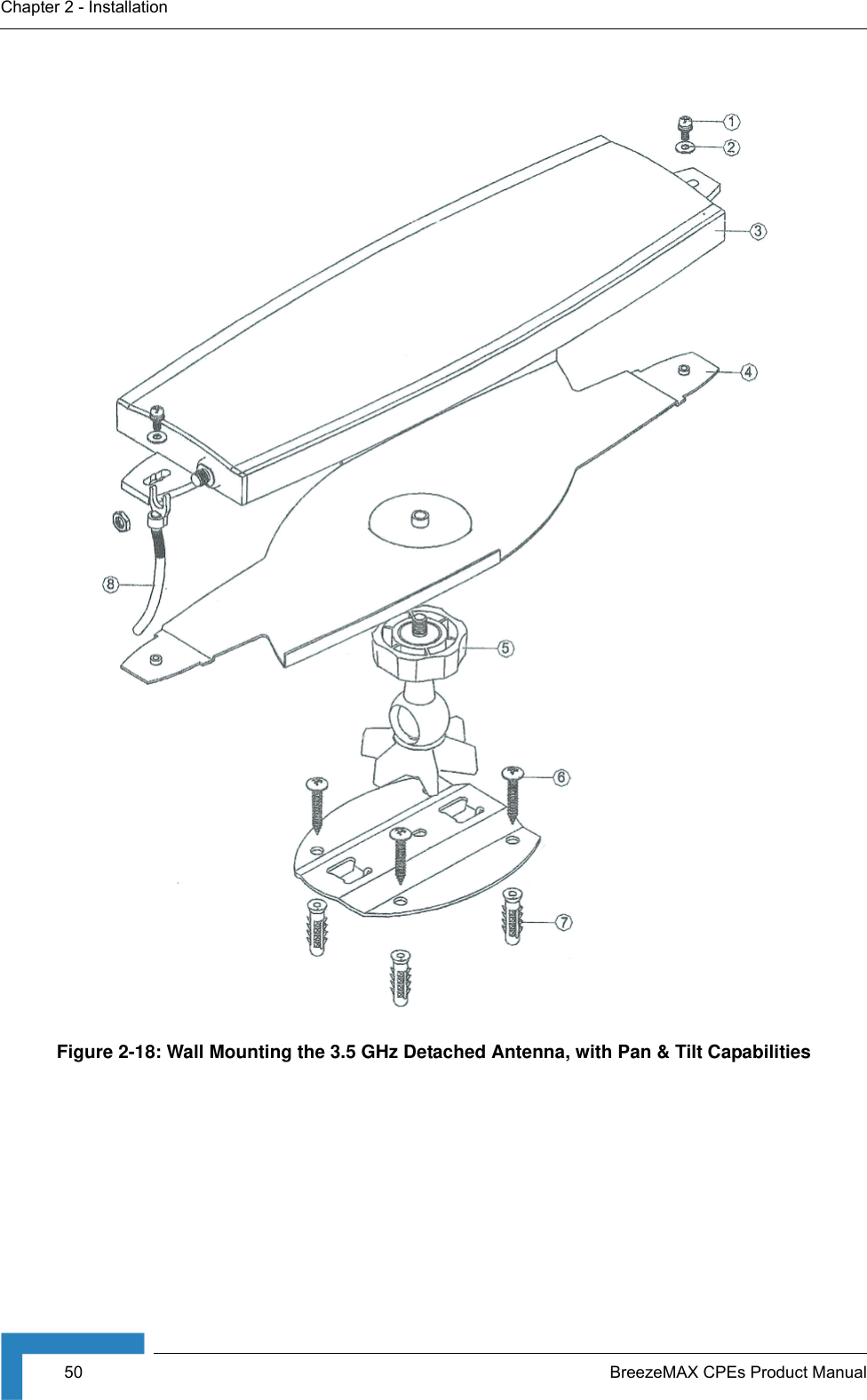 50 BreezeMAX CPEs Product ManualChapter 2 - InstallationFigure 2-18: Wall Mounting the 3.5 GHz Detached Antenna, with Pan &amp; Tilt Capabilities