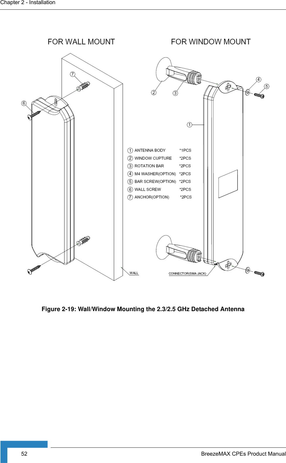 52 BreezeMAX CPEs Product ManualChapter 2 - InstallationFigure 2-19: Wall/Window Mounting the 2.3/2.5 GHz Detached Antenna