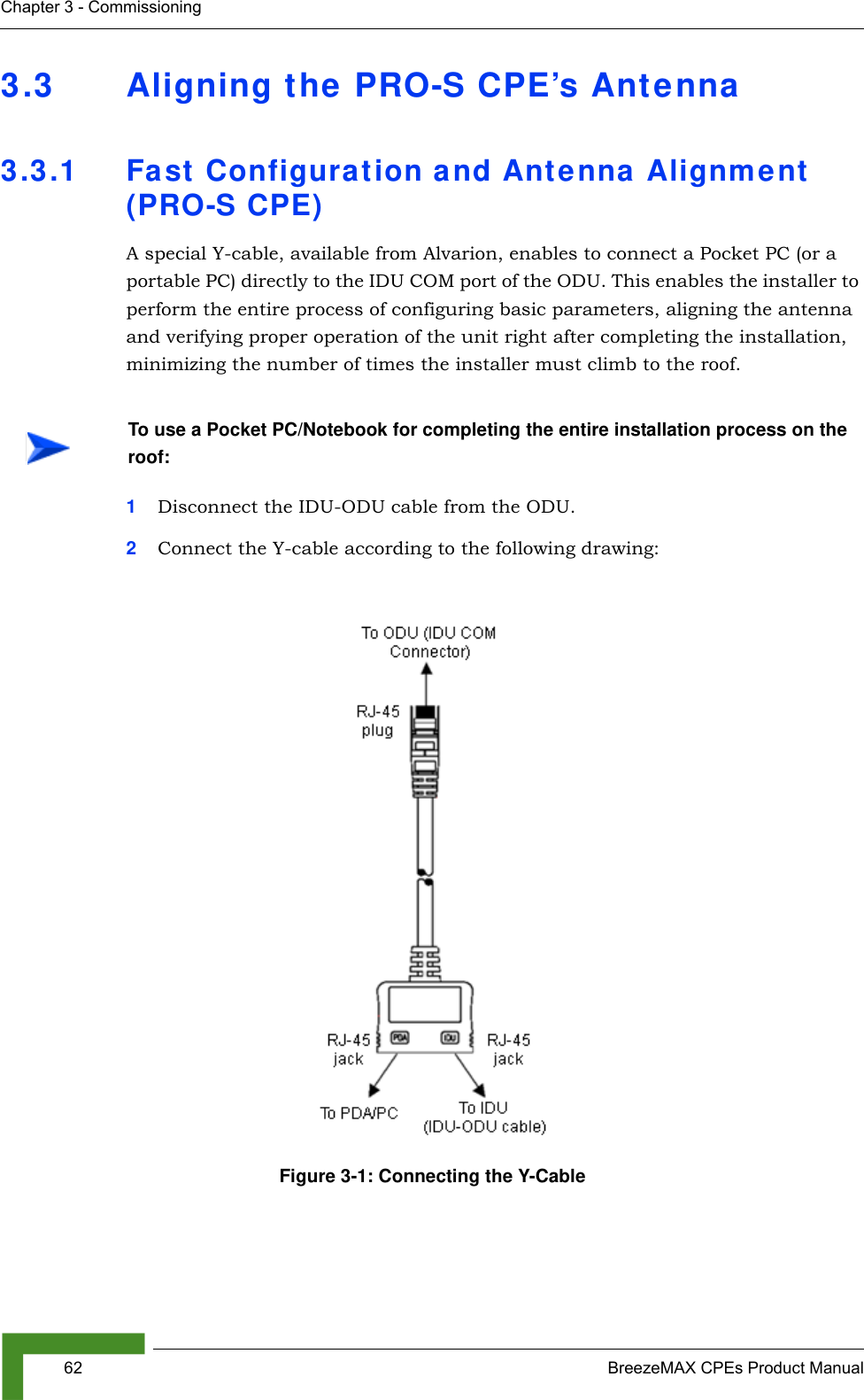 62 BreezeMAX CPEs Product ManualChapter 3 - Commissioning3.3 Aligning the PRO-S CPE’s Antenna3.3.1 Fast Configuration and Antenna Alignment (PRO-S CPE)A special Y-cable, available from Alvarion, enables to connect a Pocket PC (or a portable PC) directly to the IDU COM port of the ODU. This enables the installer to perform the entire process of configuring basic parameters, aligning the antenna and verifying proper operation of the unit right after completing the installation, minimizing the number of times the installer must climb to the roof.1Disconnect the IDU-ODU cable from the ODU.2Connect the Y-cable according to the following drawing: To use a Pocket PC/Notebook for completing the entire installation process on the roof:Figure 3-1: Connecting the Y-Cable