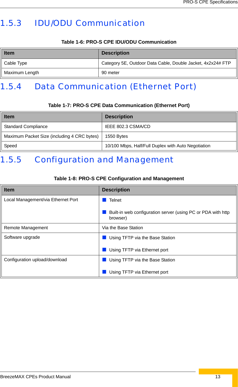 PRO-S CPE SpecificationsBreezeMAX CPEs Product Manual  131.5.3 IDU/ODU Communication1.5.4 Data Communication (Ethernet Port)1.5.5 Configuration and ManagementTable 1-6: PRO-S CPE IDU/ODU CommunicationItem DescriptionCable Type Category 5E, Outdoor Data Cable, Double Jacket, 4x2x24# FTPMaximum Length 90 meter Table 1-7: PRO-S CPE Data Communication (Ethernet Port)Item DescriptionStandard Compliance IEEE 802.3 CSMA/CDMaximum Packet Size (including 4 CRC bytes) 1550 BytesSpeed 10/100 Mbps, Half/Full Duplex with Auto NegotiationTable 1-8: PRO-S CPE Configuration and ManagementItem DescriptionLocal Management/via Ethernet Port TelnetBuilt-in web configuration server (using PC or PDA with http browser)Remote Management Via the Base StationSoftware upgrade Using TFTP via the Base StationUsing TFTP via Ethernet portConfiguration upload/download Using TFTP via the Base StationUsing TFTP via Ethernet port