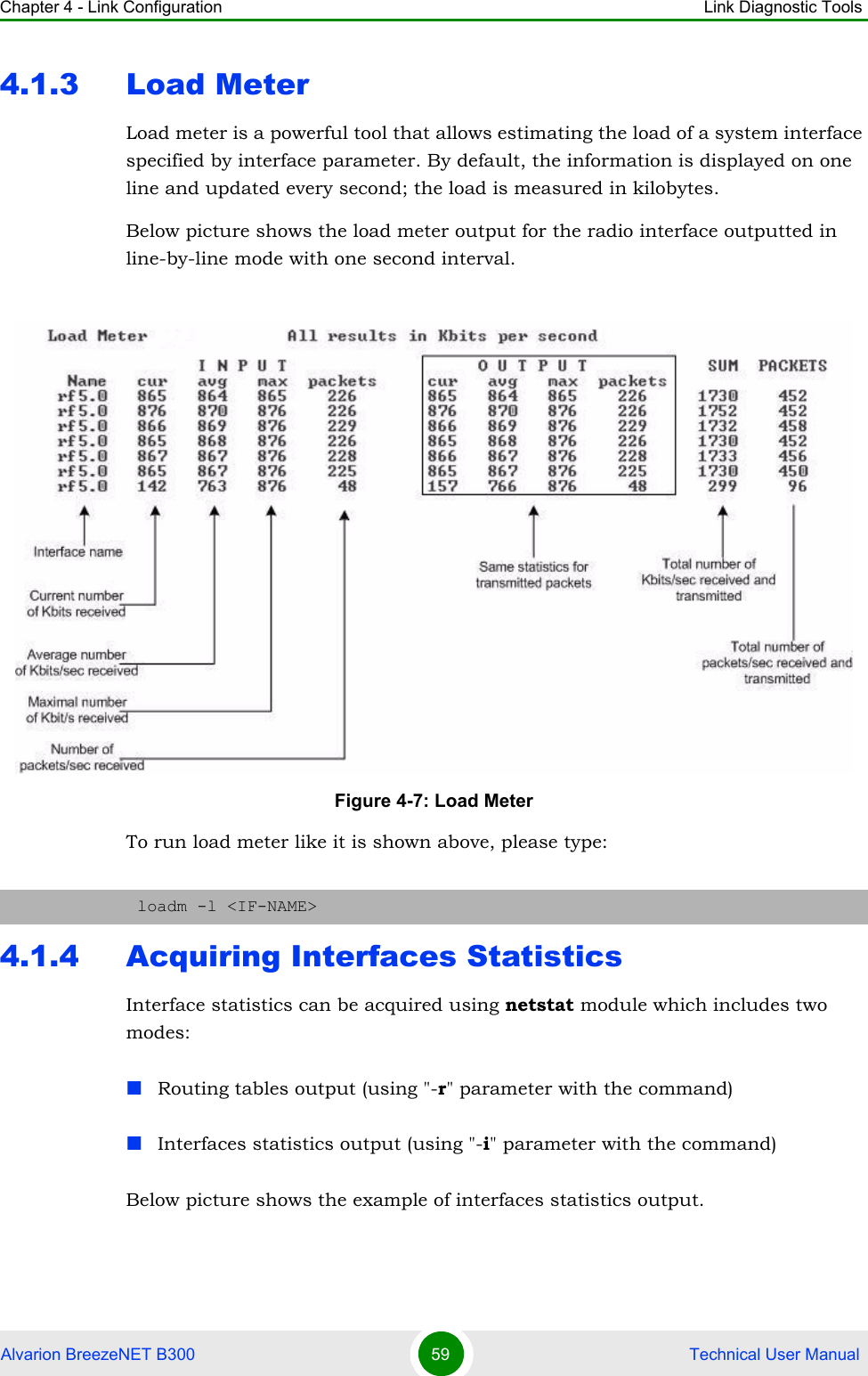 Chapter 4 - Link Configuration Link Diagnostic ToolsAlvarion BreezeNET B300 59  Technical User Manual4.1.3 Load MeterLoad meter is a powerful tool that allows estimating the load of a system interface specified by interface parameter. By default, the information is displayed on one line and updated every second; the load is measured in kilobytes.Below picture shows the load meter output for the radio interface outputted in line-by-line mode with one second interval.To run load meter like it is shown above, please type:4.1.4 Acquiring Interfaces StatisticsInterface statistics can be acquired using netstat module which includes two modes:Routing tables output (using &quot;-r&quot; parameter with the command)Interfaces statistics output (using &quot;-i&quot; parameter with the command)Below picture shows the example of interfaces statistics output.Figure 4-7: Load Meterloadm -l &lt;IF-NAME&gt;