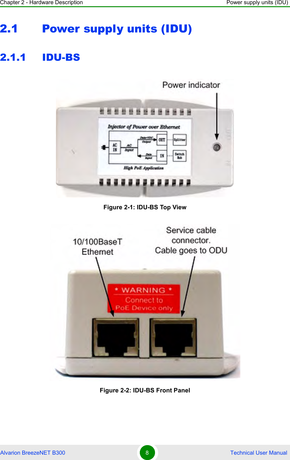 Chapter 2 - Hardware Description Power supply units (IDU)Alvarion BreezeNET B300 8 Technical User Manual2.1 Power supply units (IDU)2.1.1 IDU-BSFigure 2-1: IDU-BS Top ViewFigure 2-2: IDU-BS Front Panel