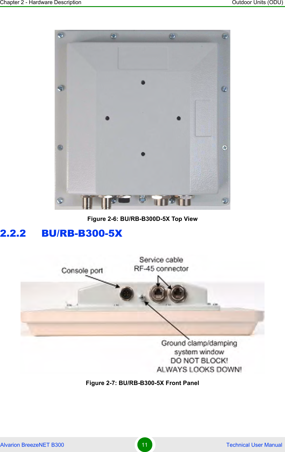 Chapter 2 - Hardware Description Outdoor Units (ODU)Alvarion BreezeNET B300 11  Technical User Manual2.2.2 BU/RB-B300-5XFigure 2-6: BU/RB-B300D-5X Top ViewFigure 2-7: BU/RB-B300-5X Front Panel