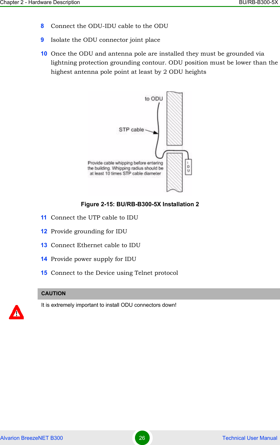 Chapter 2 - Hardware Description BU/RB-B300-5XAlvarion BreezeNET B300 26  Technical User Manual8Connect the ODU-IDU cable to the ODU9Isolate the ODU connector joint place10 Once the ODU and antenna pole are installed they must be grounded via lightning protection grounding contour. ODU position must be lower than the highest antenna pole point at least by 2 ODU heights11 Connect the UTP cable to IDU12 Provide grounding for IDU13 Connect Ethernet cable to IDU14 Provide power supply for IDU15 Connect to the Device using Telnet protocolFigure 2-15: BU/RB-B300-5X Installation 2CAUTIONIt is extremely important to install ODU connectors down!