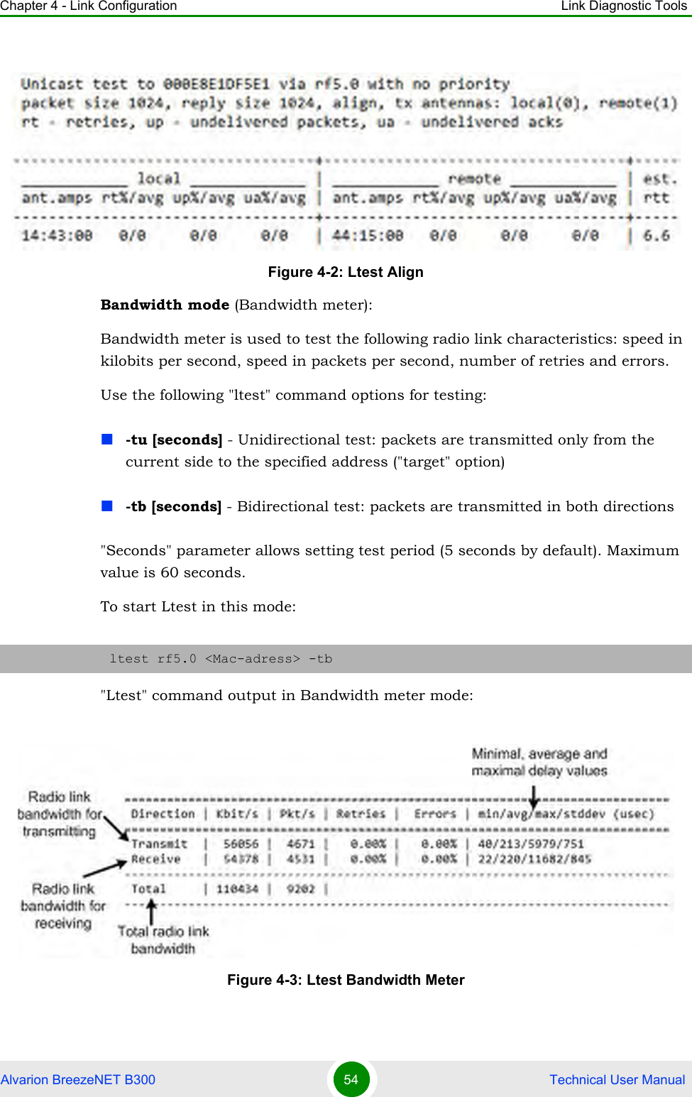 Chapter 4 - Link Configuration Link Diagnostic ToolsAlvarion BreezeNET B300 54  Technical User ManualBandwidth mode (Bandwidth meter):Bandwidth meter is used to test the following radio link characteristics: speed in kilobits per second, speed in packets per second, number of retries and errors.Use the following &quot;ltest&quot; command options for testing:-tu [seconds] - Unidirectional test: packets are transmitted only from the current side to the specified address (&quot;target&quot; option)-tb [seconds] - Bidirectional test: packets are transmitted in both directions&quot;Seconds&quot; parameter allows setting test period (5 seconds by default). Maximum value is 60 seconds.To start Ltest in this mode:&quot;Ltest&quot; command output in Bandwidth meter mode:Figure 4-2: Ltest Alignltest rf5.0 &lt;Mac-adress&gt; -tbFigure 4-3: Ltest Bandwidth Meter