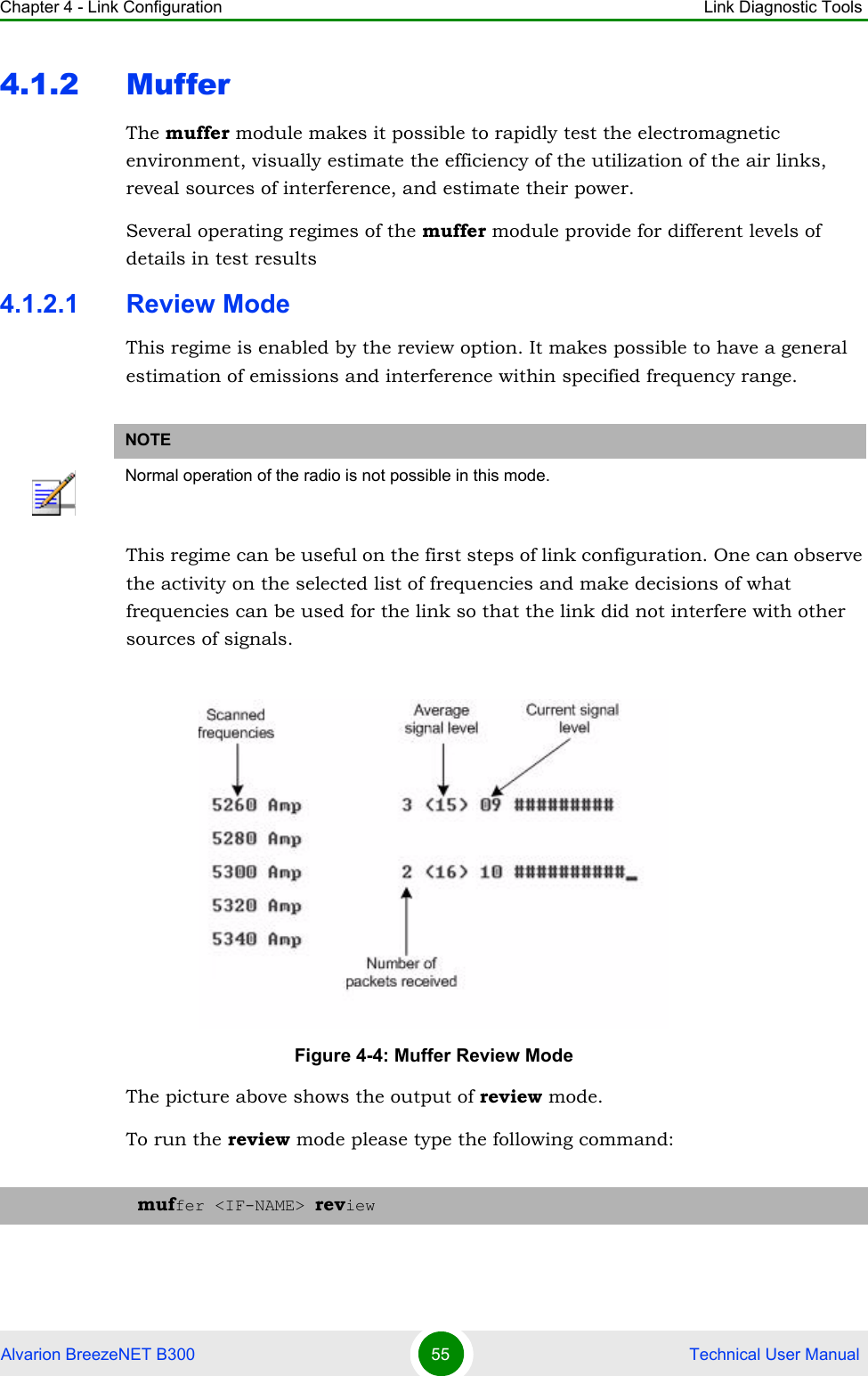 Chapter 4 - Link Configuration Link Diagnostic ToolsAlvarion BreezeNET B300 55  Technical User Manual4.1.2 MufferThe muffer module makes it possible to rapidly test the electromagnetic environment, visually estimate the efficiency of the utilization of the air links, reveal sources of interference, and estimate their power.Several operating regimes of the muffer module provide for different levels of details in test results4.1.2.1 Review ModeThis regime is enabled by the review option. It makes possible to have a general estimation of emissions and interference within specified frequency range.This regime can be useful on the first steps of link configuration. One can observe the activity on the selected list of frequencies and make decisions of what frequencies can be used for the link so that the link did not interfere with other sources of signals.The picture above shows the output of review mode.To run the review mode please type the following command:NOTENormal operation of the radio is not possible in this mode.Figure 4-4: Muffer Review Modemuffer &lt;IF-NAME&gt; review