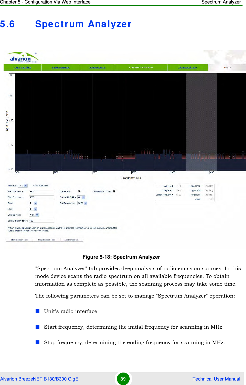 Chapter 5 - Configuration Via Web Interface Spectrum AnalyzerAlvarion BreezeNET B130/B300 GigE 89  Technical User Manual5.6 Spectrum Analyzer&quot;Spectrum Analyzer&quot; tab provides deep analysis of radio emission sources. In this mode device scans the radio spectrum on all available frequencies. To obtain information as complete as possible, the scanning process may take some time.The following parameters can be set to manage &quot;Spectrum Analyzer&quot; operation:Unit&apos;s radio interfaceStart frequency, determining the initial frequency for scanning in MHz.Stop frequency, determining the ending frequency for scanning in MHz.Figure 5-18: Spectrum Analyzer