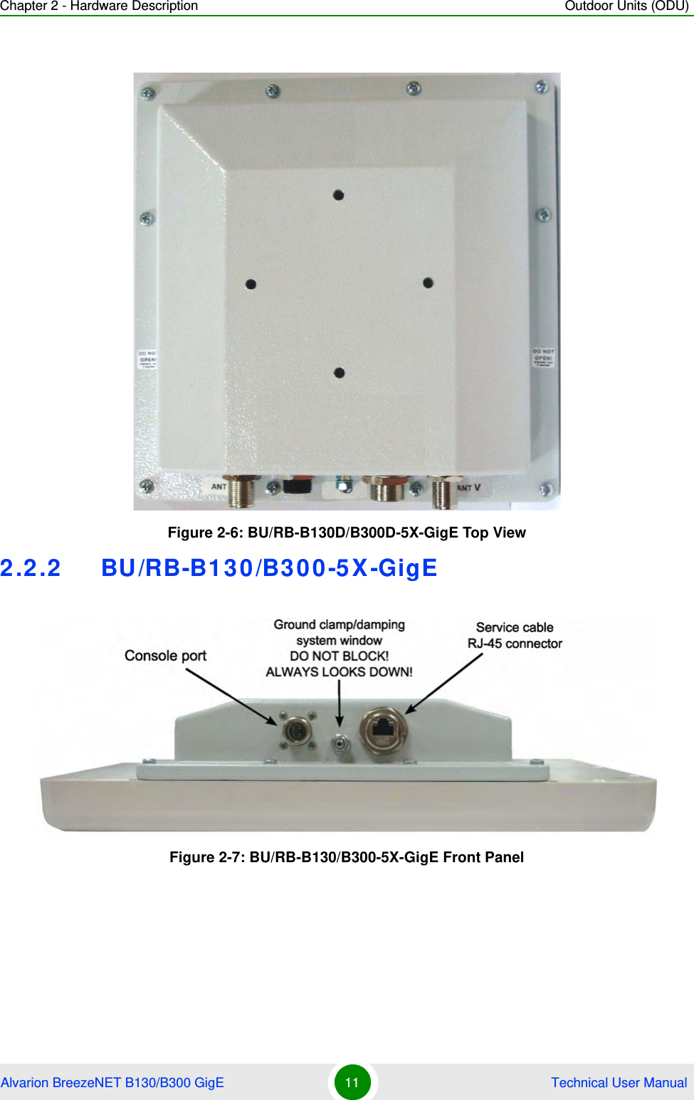 Chapter 2 - Hardware Description Outdoor Units (ODU)Alvarion BreezeNET B130/B300 GigE 11  Technical User Manual2.2.2 BU/RB-B130/B300-5X-GigEFigure 2-6: BU/RB-B130D/B300D-5X-GigE Top ViewFigure 2-7: BU/RB-B130/B300-5X-GigE Front Panel