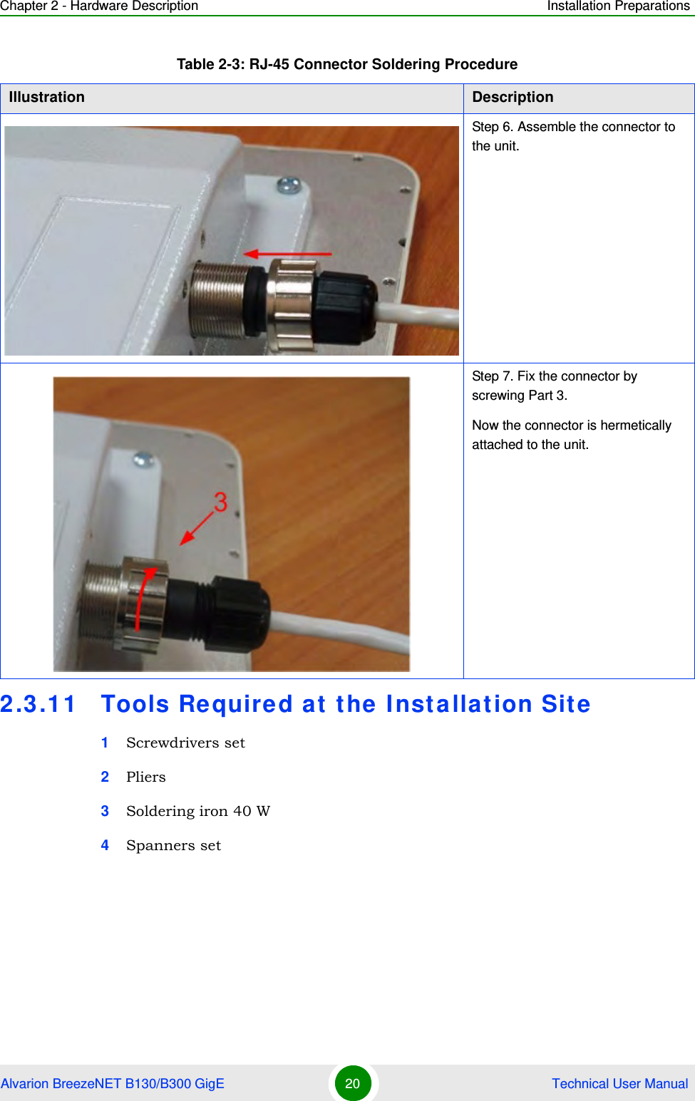 Chapter 2 - Hardware Description Installation PreparationsAlvarion BreezeNET B130/B300 GigE 20  Technical User Manual2.3.11 Tools Required at the Installation Site1Screwdrivers set2Pliers3Soldering iron 40 W4Spanners setStep 6. Assemble the connector to the unit. Step 7. Fix the connector by screwing Part 3.Now the connector is hermetically attached to the unit.Table 2-3: RJ-45 Connector Soldering ProcedureIllustration Description